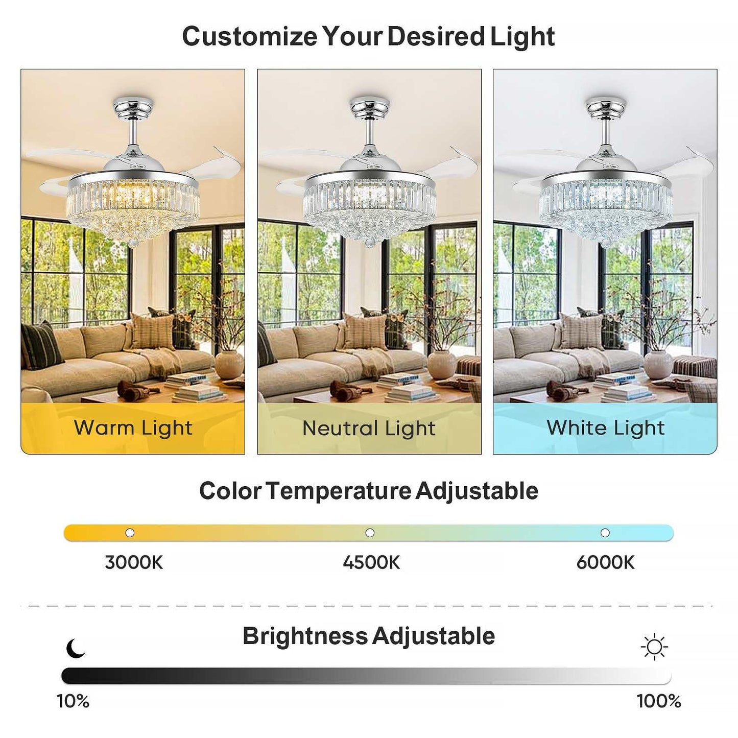 42'' Fandelier Ceiling Fans with Light, Chandelier Ceiling Fan, Retractable Crystal Ceiling Fan for Bedroom, Living Room, 3 Color Change, LED Dimmable, 6 Speeds, Reversible DC Motor-Champagne Gold