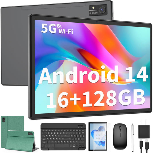 Android Tablet with Keyboard, 10 inch Android 14 Tablet, 16GB RAM 128GB ROM,1TB Expand, 5G WiFi, Bluetooth, 8000mAh Battery, GMS Certified, 2 in 1 Tablet with Keyboard, Mouse, Case, Stylus(Black)