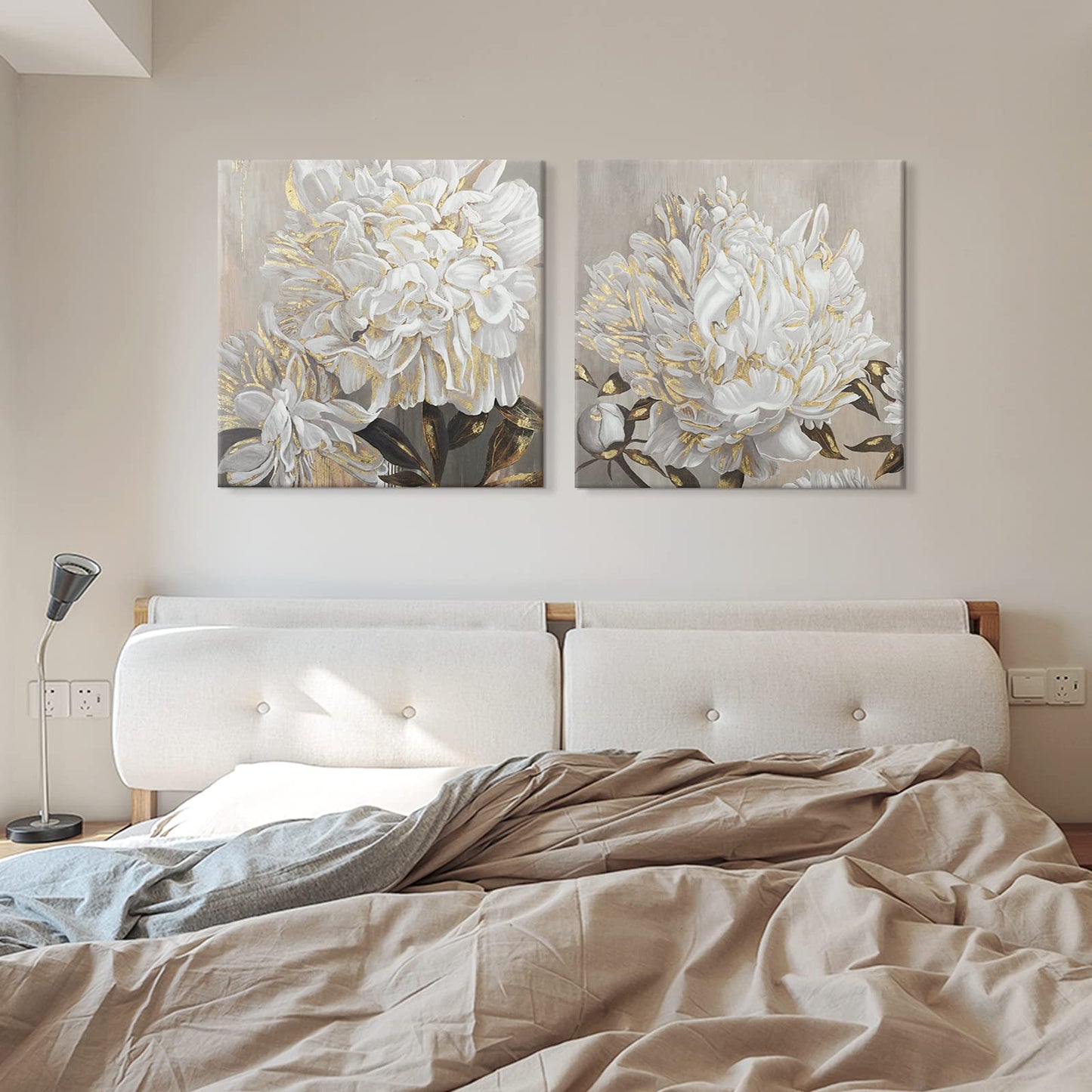 Goldfoilart Décoration murale florale moderne en fleurs blanches avec peintures en feuille d'or, œuvres d'art encadrées pour salon, chambre à coucher, cuisine, 61 x 61 cm x 2 pièces 