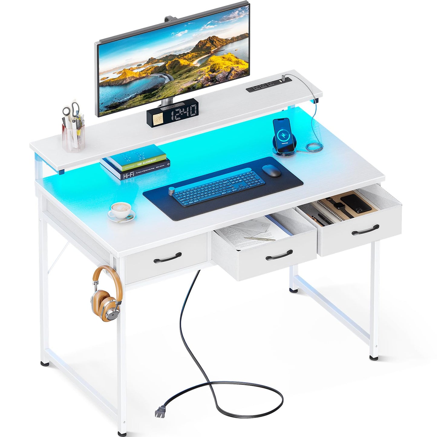 Bureau d'ordinateur ODK 54 pouces avec 3 tiroirs et prises d'alimentation USB, bureaux à domicile avec lumières LED et support de moniteur réglable, travail à domicile, table de travail/écriture/étude moderne pour chambre à coucher, noir 