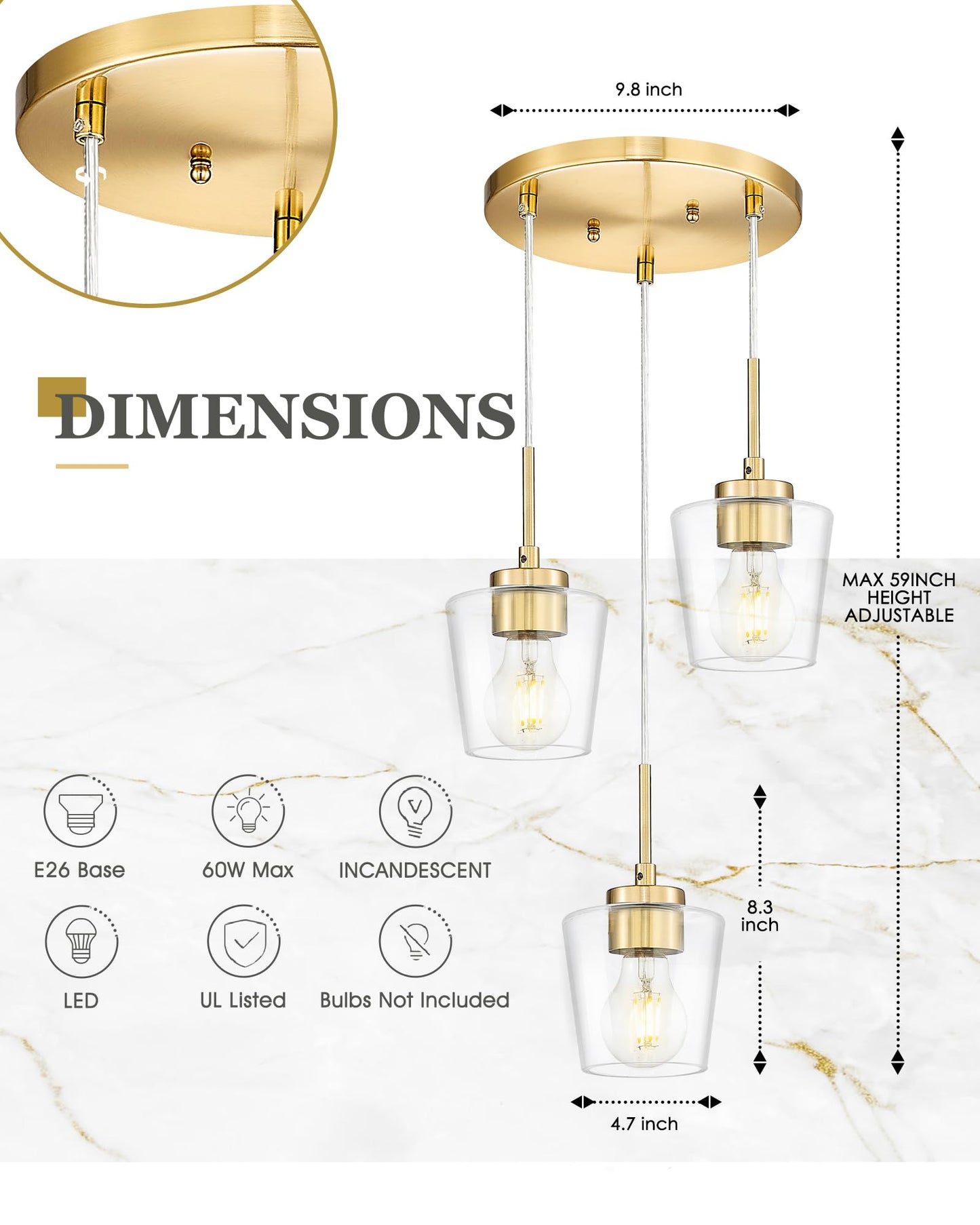 3-flammige Pendelleuchte, gebürstete goldene Esszimmerleuchte über dem Tisch, verstellbare Kücheninselbeleuchtung mit milchweißem Glas, Bauernhaus-Hängeleuchte, AD-22004-3P-GD 