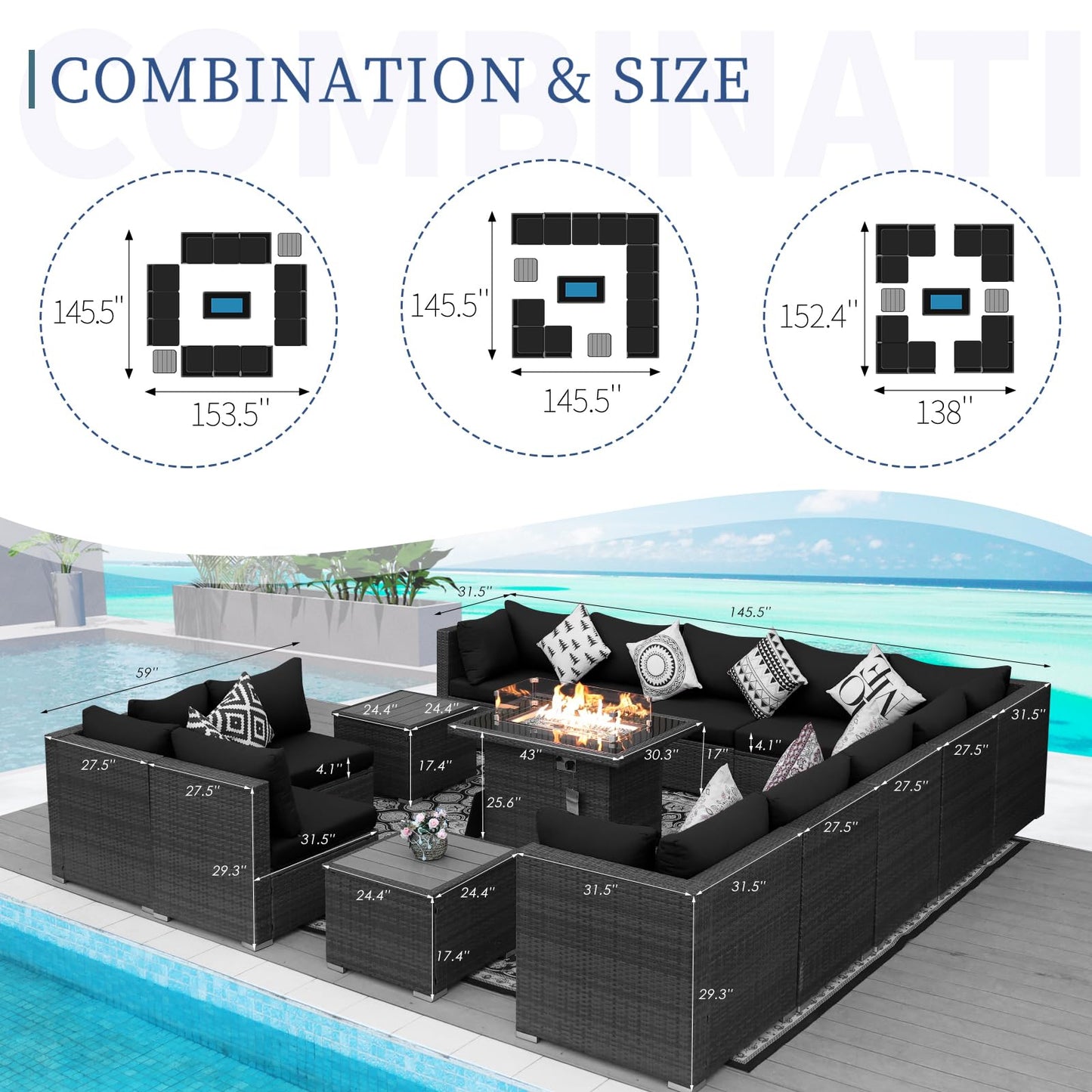 Ensemble de canapé de patio de luxe 13 pièces NICESOUL® avec table de foyer au gaz naturel/propane, ensemble de conversation d'extérieur à dossier haut de 29,3 po, canapé sectionnel extérieur en rotin PE, gris foncé 