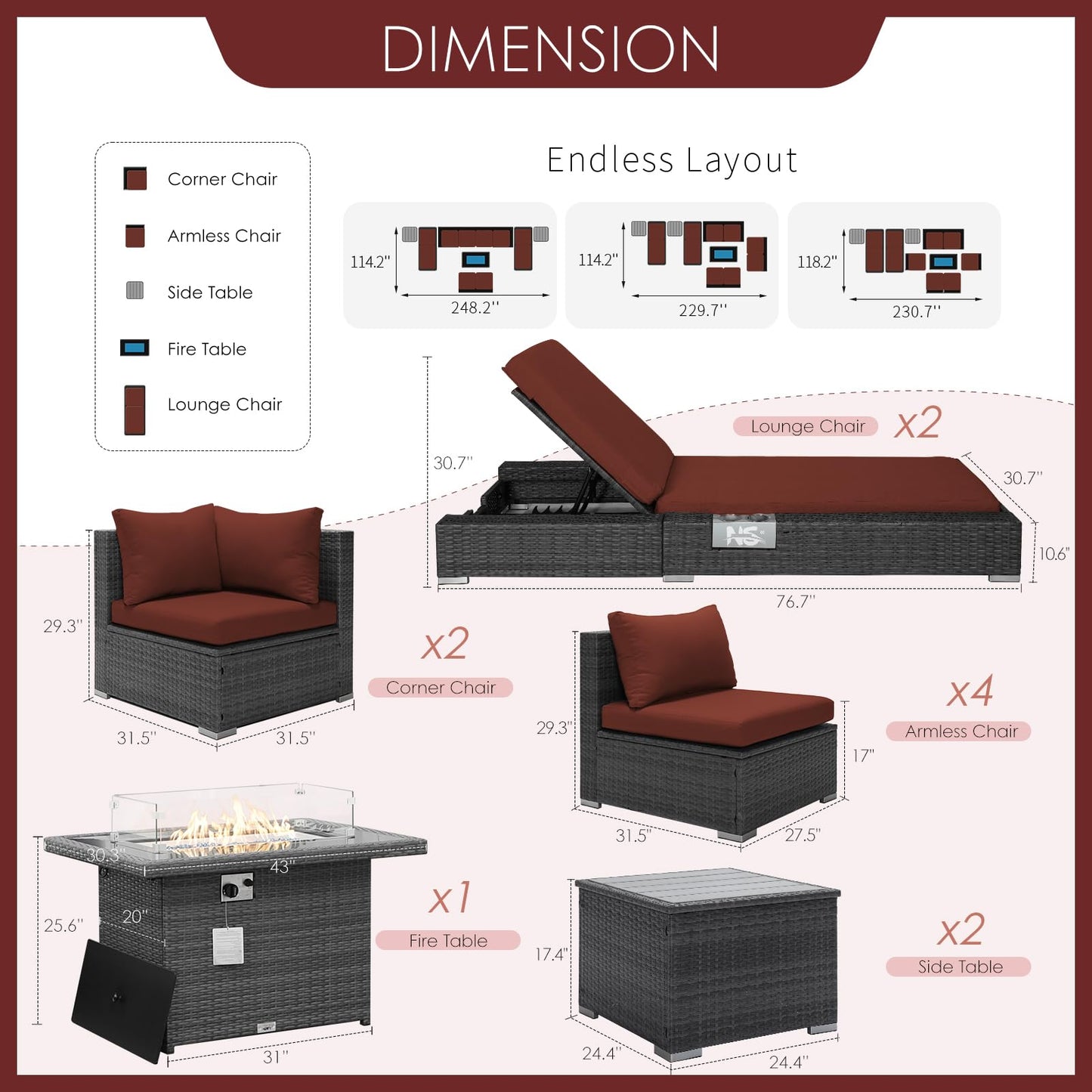 NICESOUL® 13-teiliges großes Luxus-Sofaset für die Terrasse mit Feuerstelle für Erdgas/Propan, 74 cm hohe Rückenlehne, Garten-Sitzgruppe, Gartensofa aus PE-Rattan, dunkelgrau 