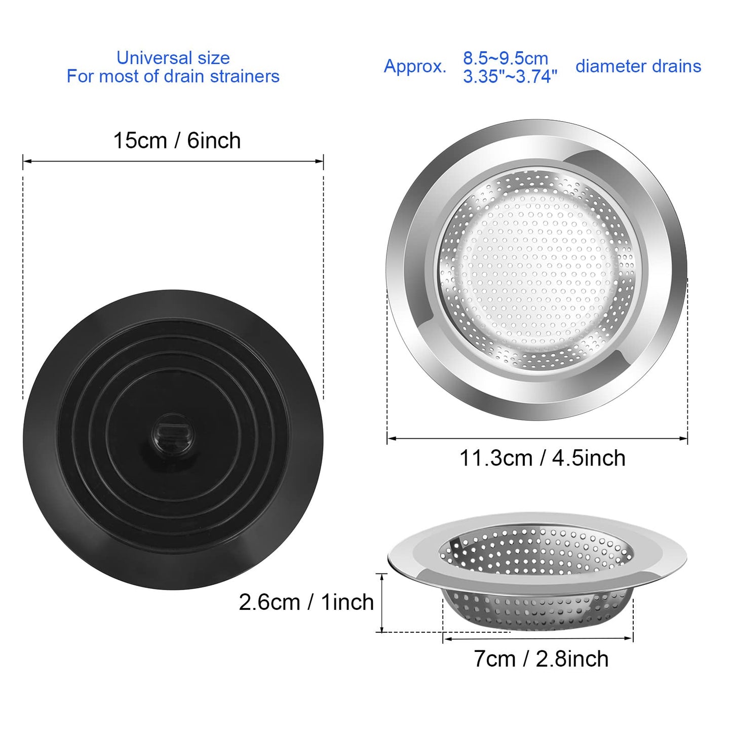 V-TOP Spülbeckensieb-Stopfen, 4er-Pack, universelles Silikon-Abflusssieb-Abdeckungsstopfen-Set für Küchenspülen, 4,5-Zoll-Spülbeckenfiltersieb aus Edelstahl, Lebensmittelfänger für Küchenspüle 