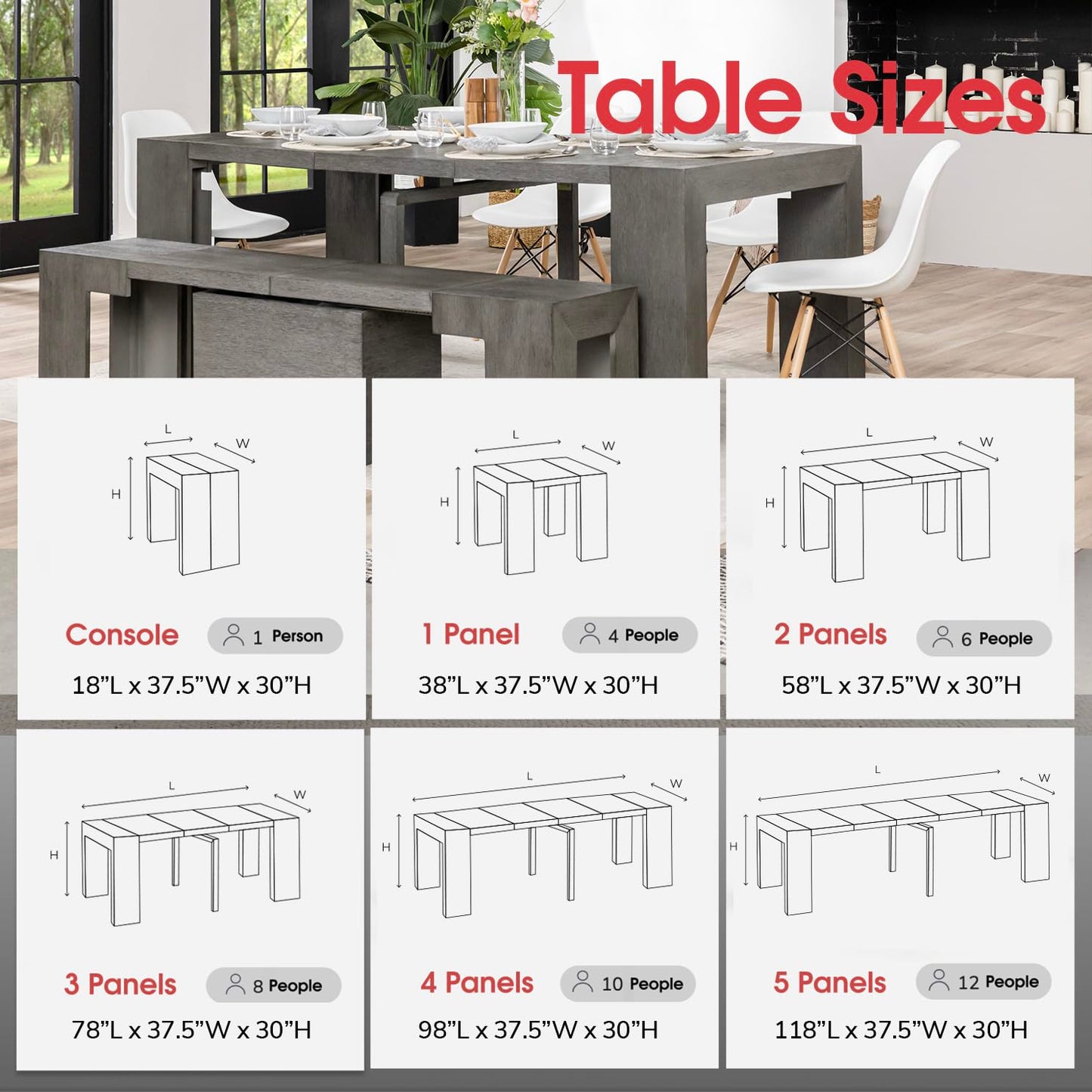 Transformer Table Dining Table Set for 4 to 12, Extendable Wood Dining Table with Expandable Bench, Small Space Furniture, Kitchen Table Set (Dark Grey, Table + Bench)