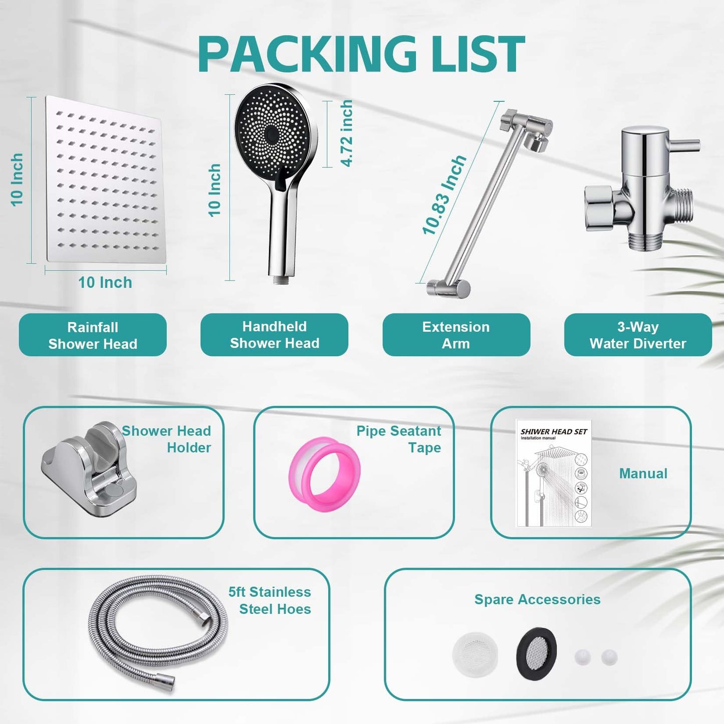 Pommeau de douche, pommeau de douche à effet pluie de 10 pouces avec jet portatif combiné, 3 jets d'eau portatifs avec tuyau de douche de 60 pouces de long (argent) 