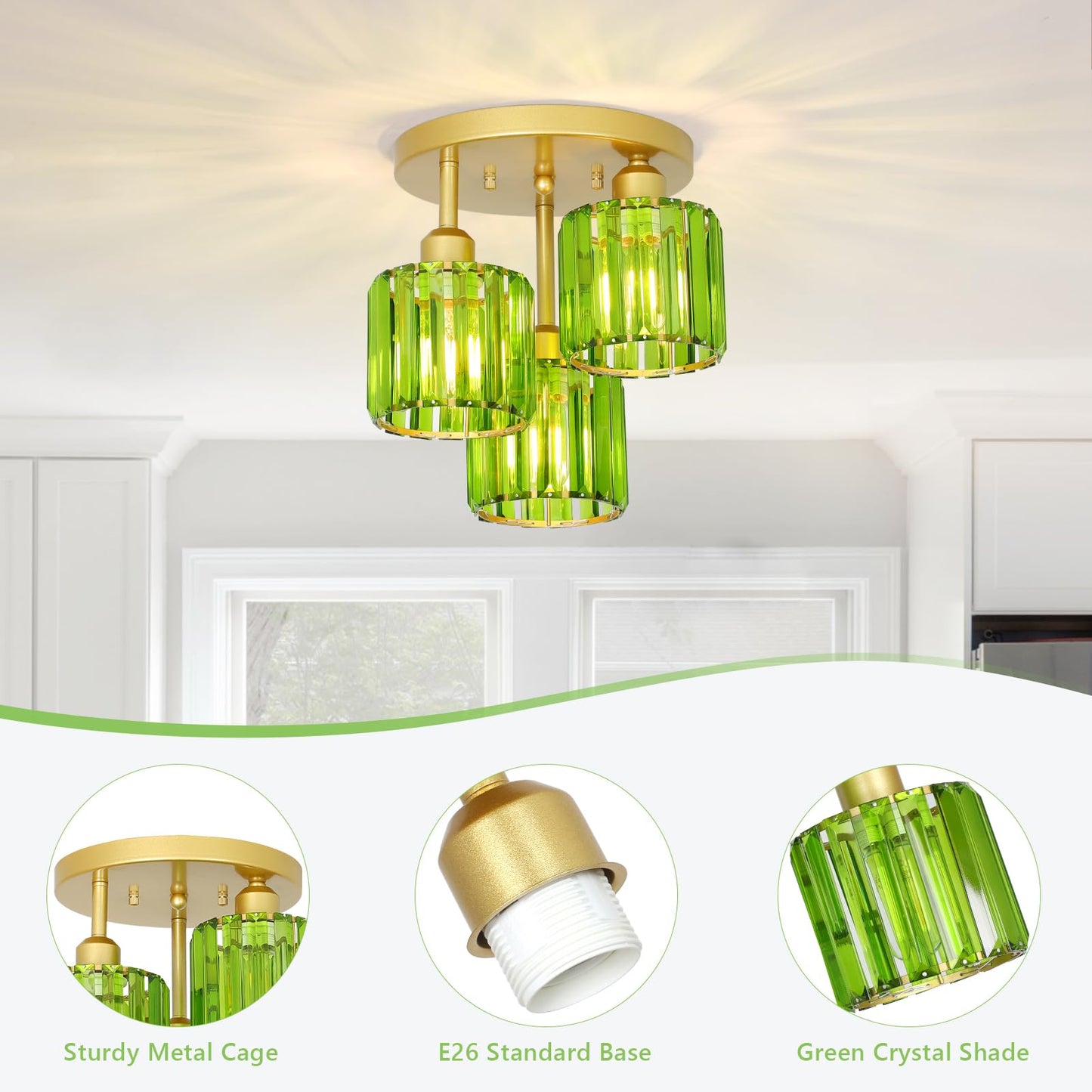 Crystal Semi Flush Ceiling Light – Modern Black Fixture, Clear Shade