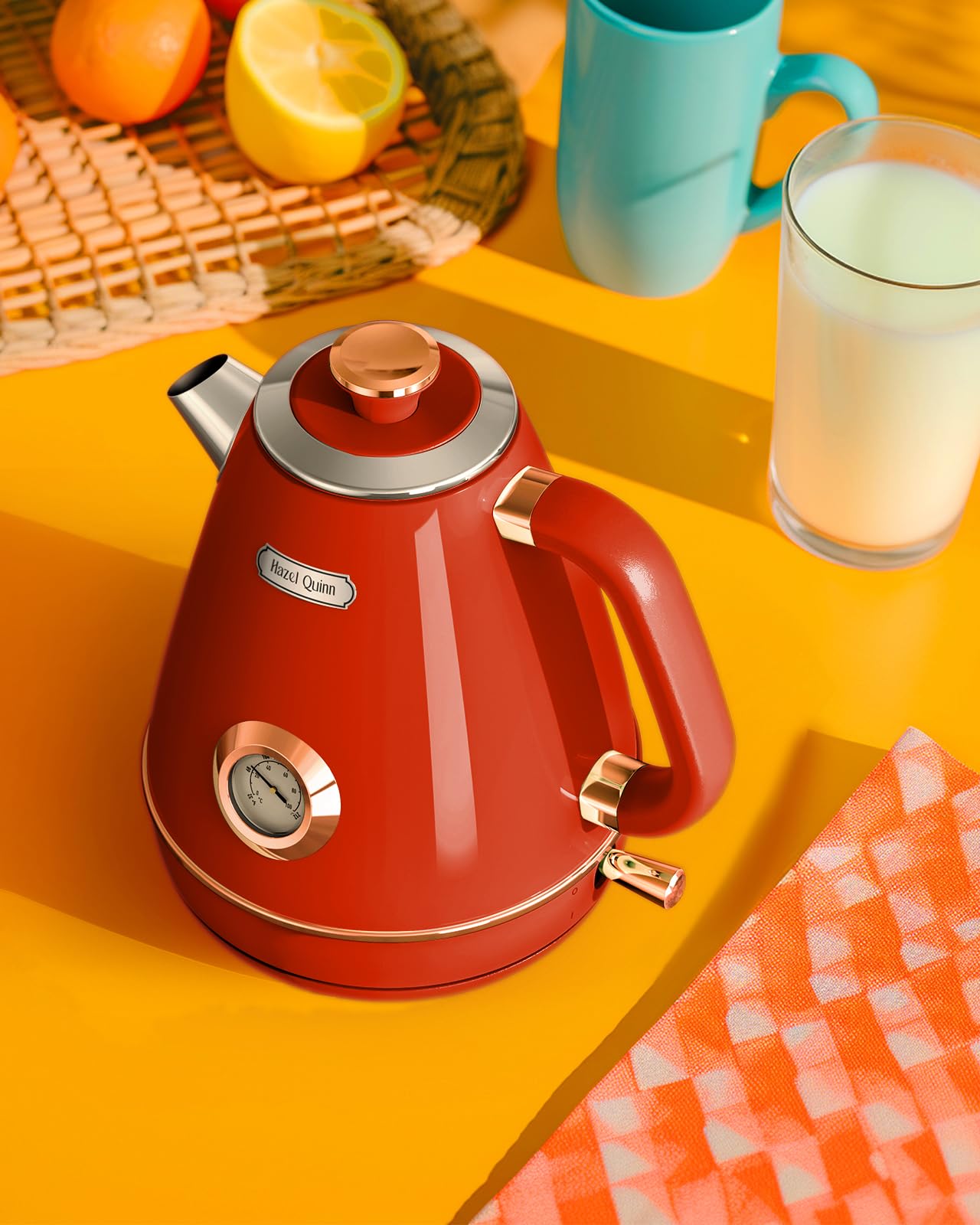 Hazel Quinn Retro Electric Kettle - 1.7 Liters / 57.5 Ounces Tea Kettle with Thermometer, All Stainless Steel, 1200 Watts Fast Boiling, BPA-free, Cordless, Automatic Shut Off.