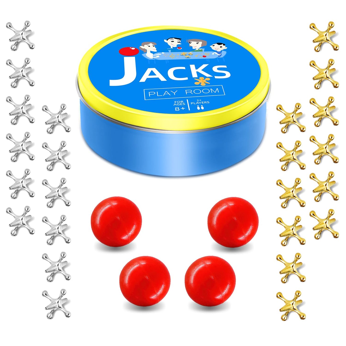 Metal Jacks Game with Ball Set, Old School Jax Game Toy for Kids Adults, Vintage Retro Board Games, Classic Old Fashioned Table Game for Family Game Night (12 Jacks + 2 Balls)