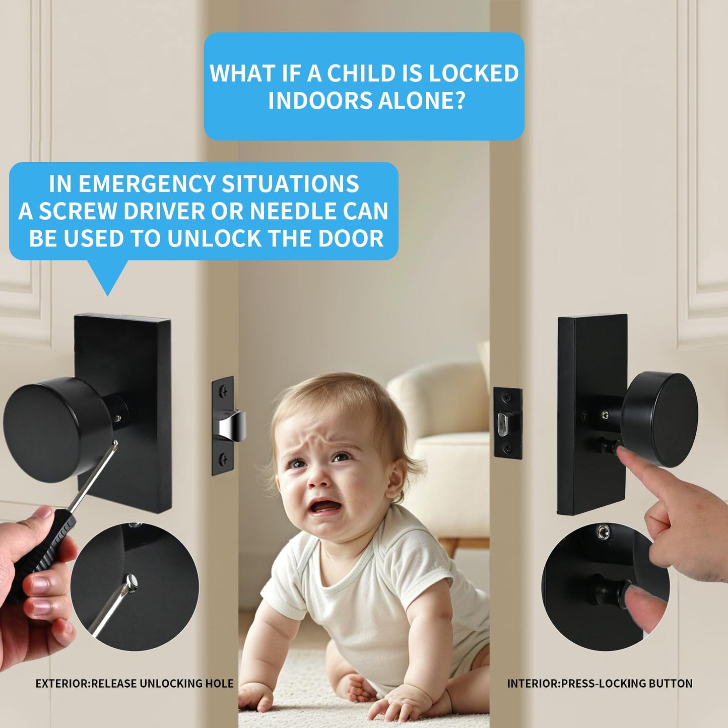 Privacy Door Knob with Reversible Keyless Push Lock, Modern Rectangular Long Plate Interior Door Lock