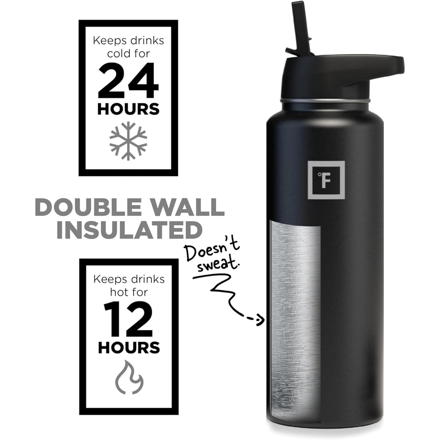 Bouteille d'hydratation de camping et de randonnée IRON °FLASK avec 3 couvercles - Bouteille d'eau en acier inoxydable, à double paroi et isolée sous vide - Anti-fuite et sans BPA (Dark Night, Straw - 32 oz) 