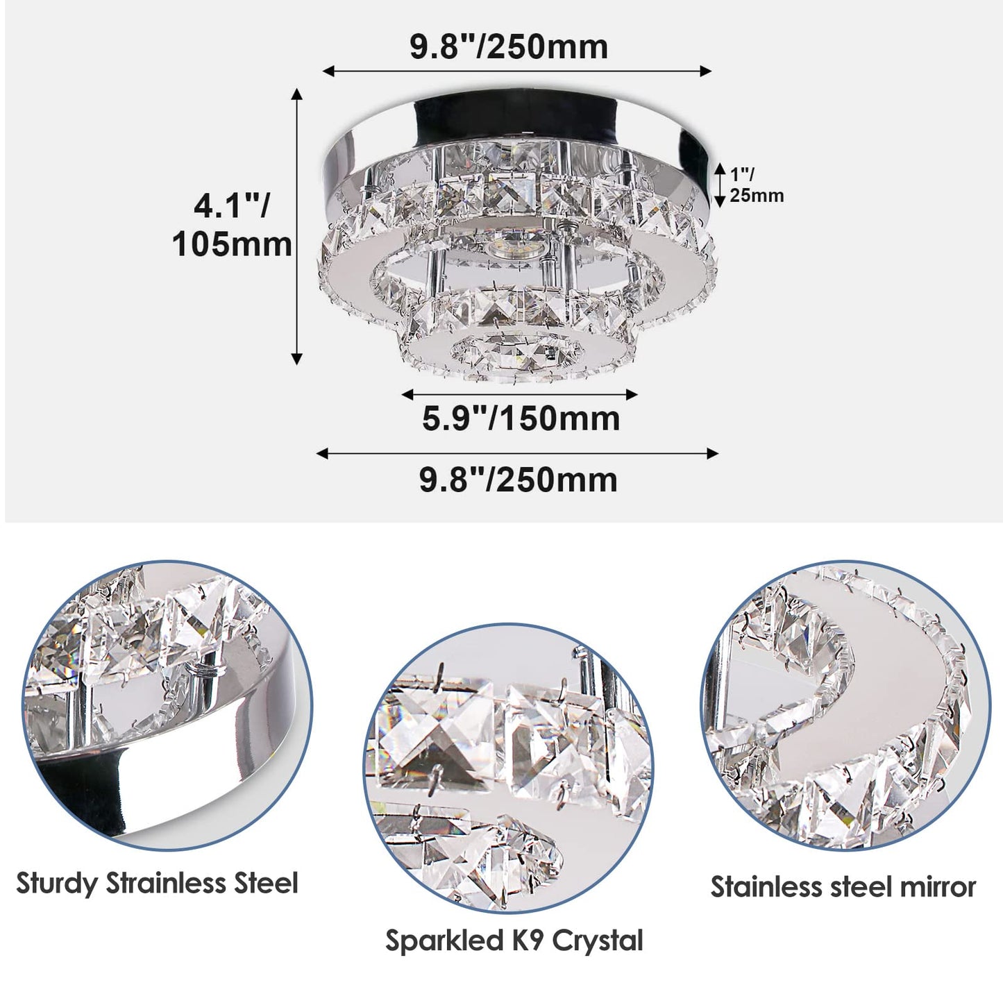 Dimmable Mini Crystal Chandeliers Modern Flush Mount Ceiling Light Fixture Round LED Crystal Chandelier Hallway Light Bedroom Bathroom Kitchen Office