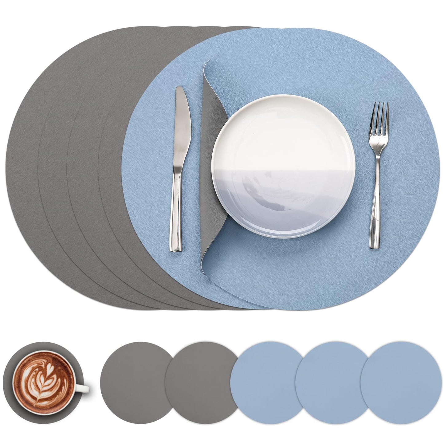 Myir JUN Round Table Placemats Set of 4 Faux Leather Place Mats and Coasters 15 inch Round Placemats Dual Sided Placemats Non-Slip Placemats Stain Resistant Placemats (Gray & Yellow, Set of 4)