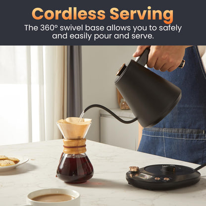 Elite Gourmet 1L Gooseneck Digital Kettle – 13 Temp Settings, Keep Warm, Cordless, Matte Black Copper