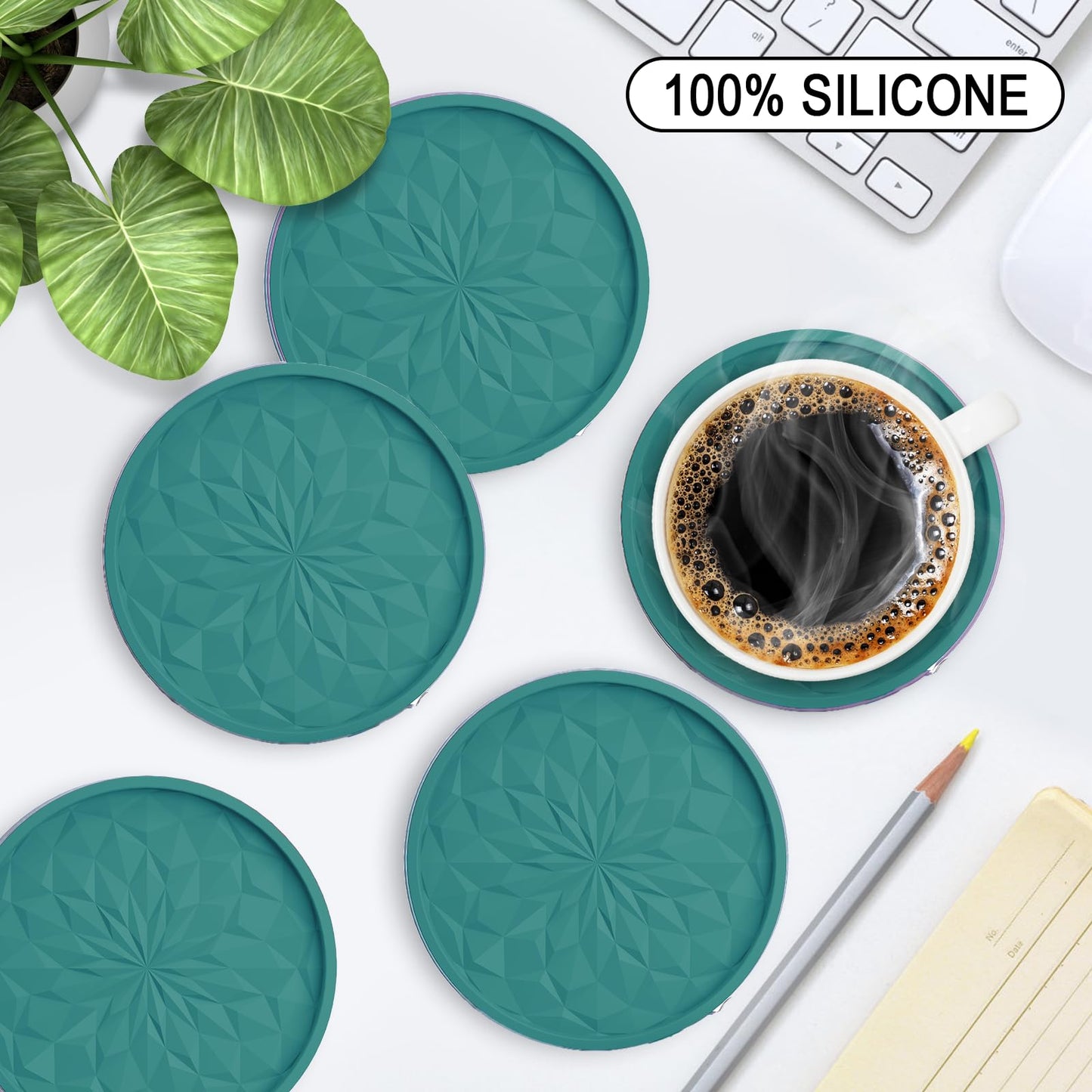 Dessous de verre en silicone ME.FAN [Lot de 6] Dessous de verre avec support - Dessous de verre - Tapis de tasse pour boissons - Pour boissons chaudes ou froides Épais, antidérapant, antiadhésif, plateau profond Bleu sarcelle 