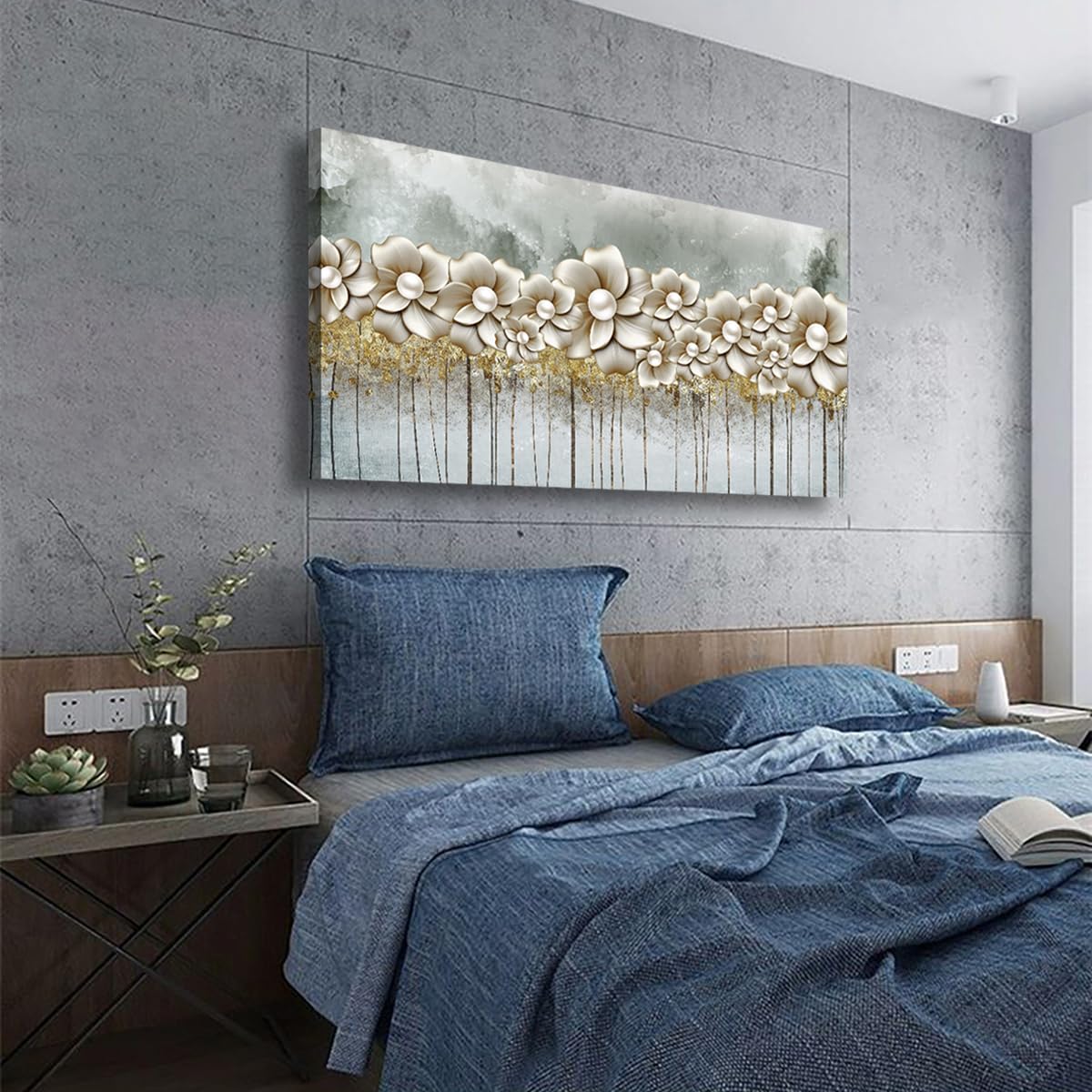 Peinture à l'huile abstraite moderne sur toile représentant un lotus doré, décoration murale pour salon, bureau, chambre à coucher, 50,8 x 101,6 cm 