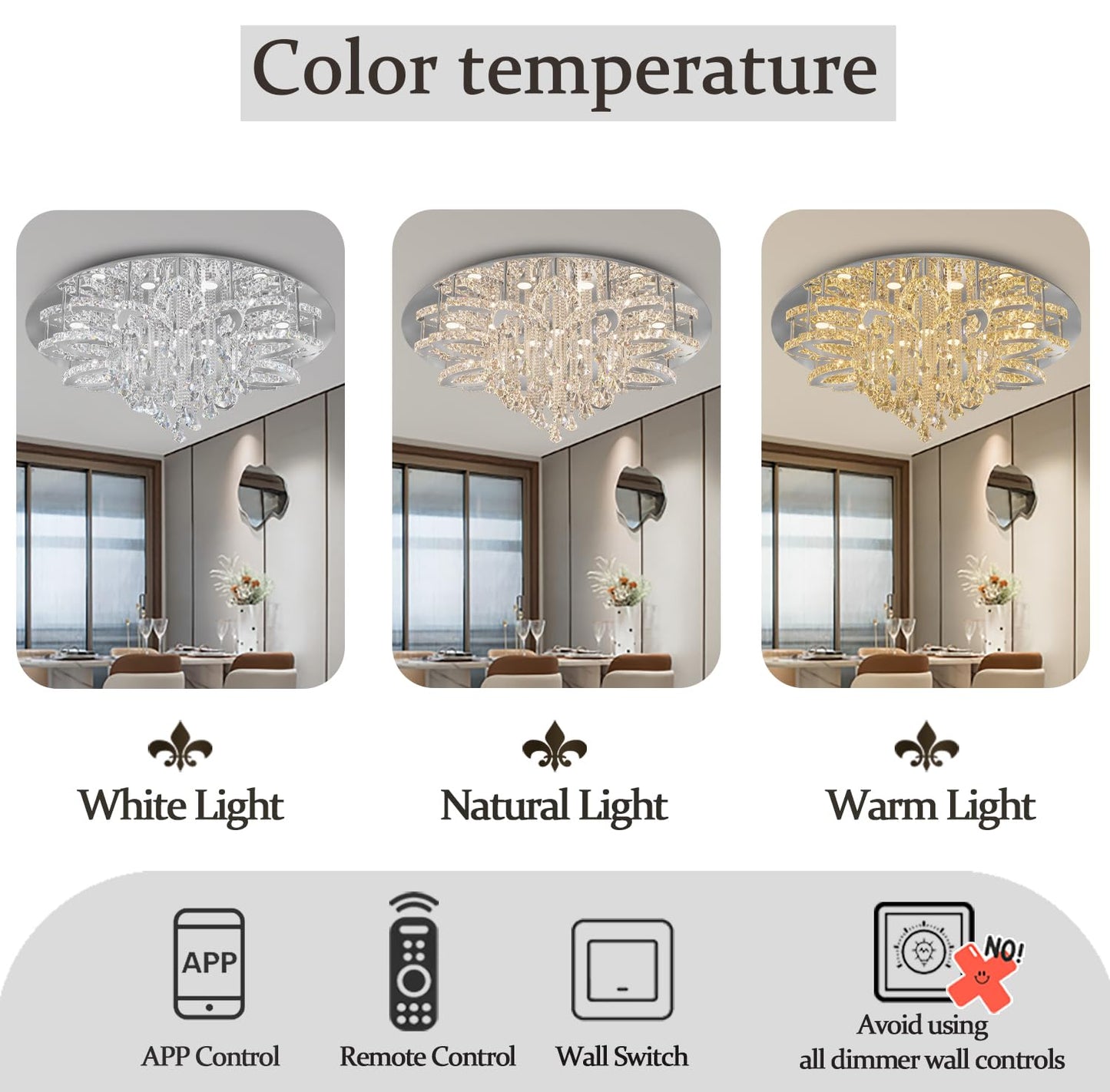 Flashing God W40 Modern Crystal Chandelier for Living Room Crystal Flush Mount LED Gold Ceiling Light Fixture for Foyer Dining Room Hallway Dimmable 2700k 4500k 6000k