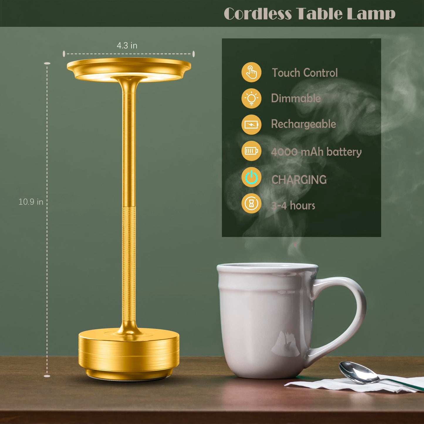 2er-Pack kabellose Tischlampen, wiederaufladbar, Tischleuchte, USB-Touch, batteriebetriebene Tischlampe, LED, tragbare Tischleuchte für Terrasse/Esstisch/Bar/Außenbereich [brüniertes Gold] 