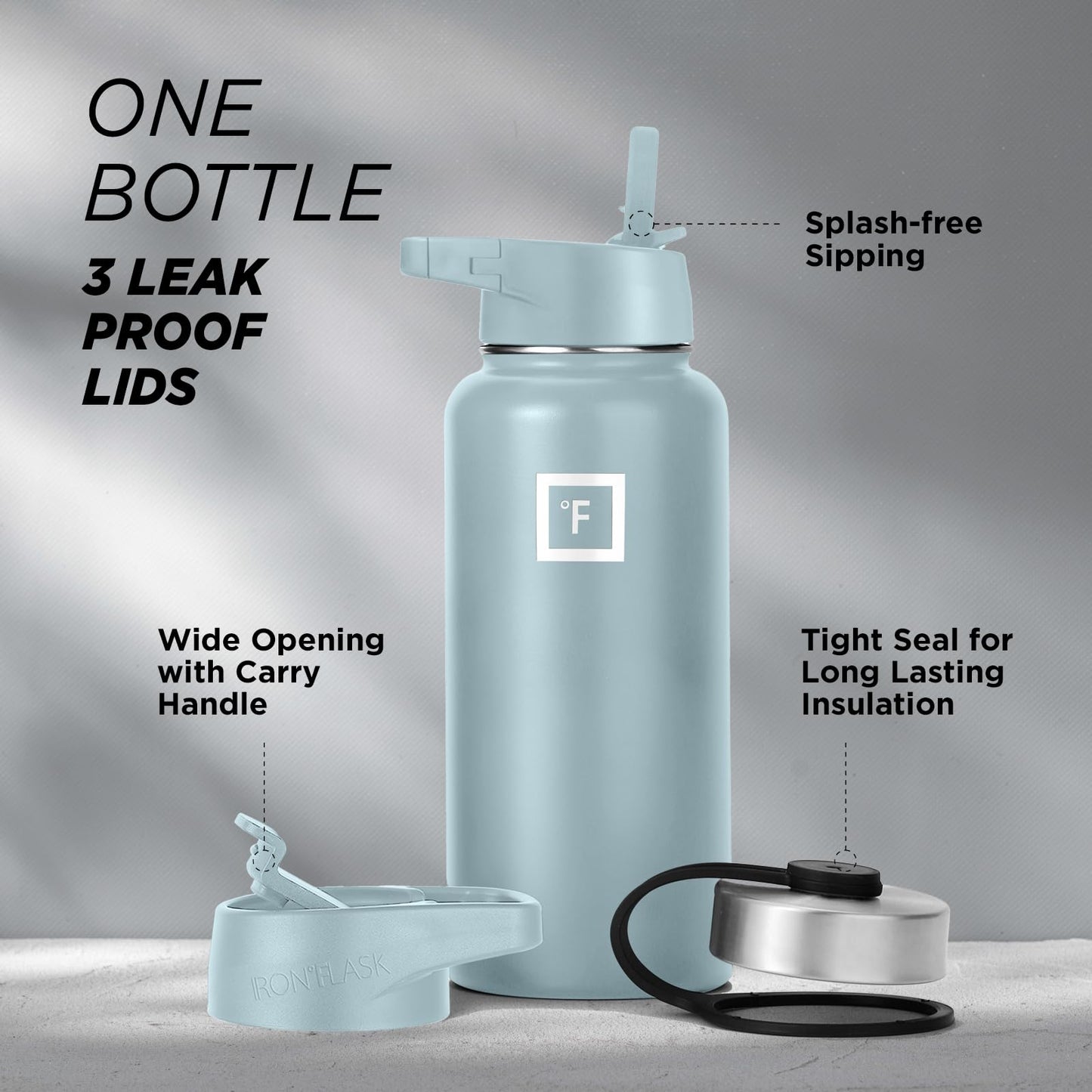 Bouteille d'hydratation de camping et de randonnée IRON °FLASK avec 3 couvercles - Bouteille d'eau en acier inoxydable, à double paroi et isolée sous vide - Anti-fuite et sans BPA (Dark Night, Straw - 32 oz) 