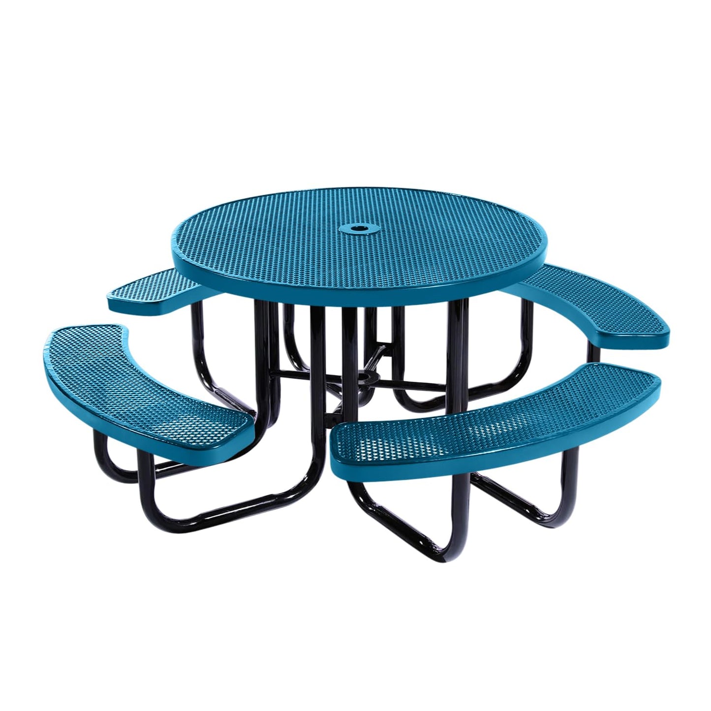 Table de pique-nique d'extérieur portable et robuste avec trou pour parasol, mobilier d'extérieur en métal déployé de qualité commerciale, fabriqué en Amérique (plateau rond de 46 po, bleu clair) 