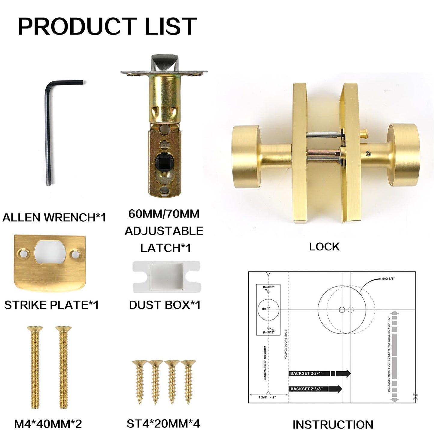 Privacy Door Knob with Reversible Keyless Push Lock, Modern Rectangular Long Plate Interior Door Lock