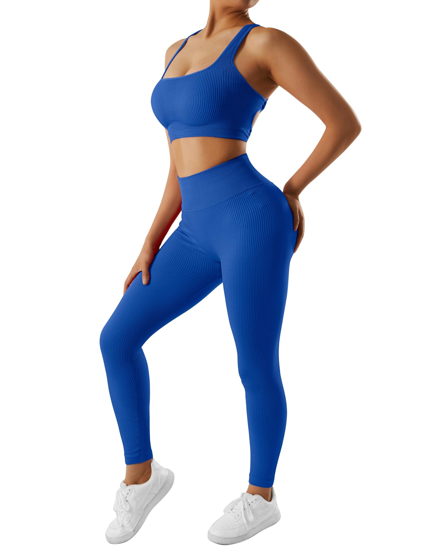 RXRXCOCO Ribbed Workout Sets for Women 2 Piece Backless Strappy Sports Bra Seamless Leggings Matching Set Yoga Outfits