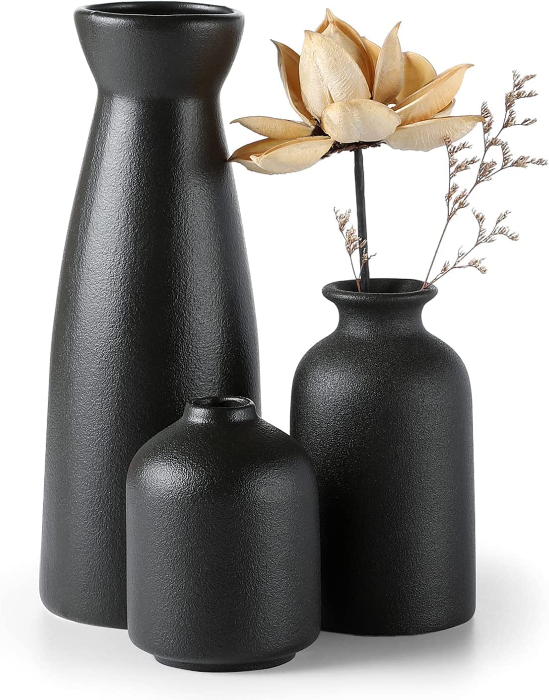 CEMABT Beiges Keramikvasen-Set, 3 kleine Blumenvasen zur Dekoration, moderne Boho-Bauernhaus-Heimdekoration, dekorative Vase für Pampasgras und Trockenblumen, ideales Regal, Tisch, Bücherregal, Eingangsbereich – Used-Look 