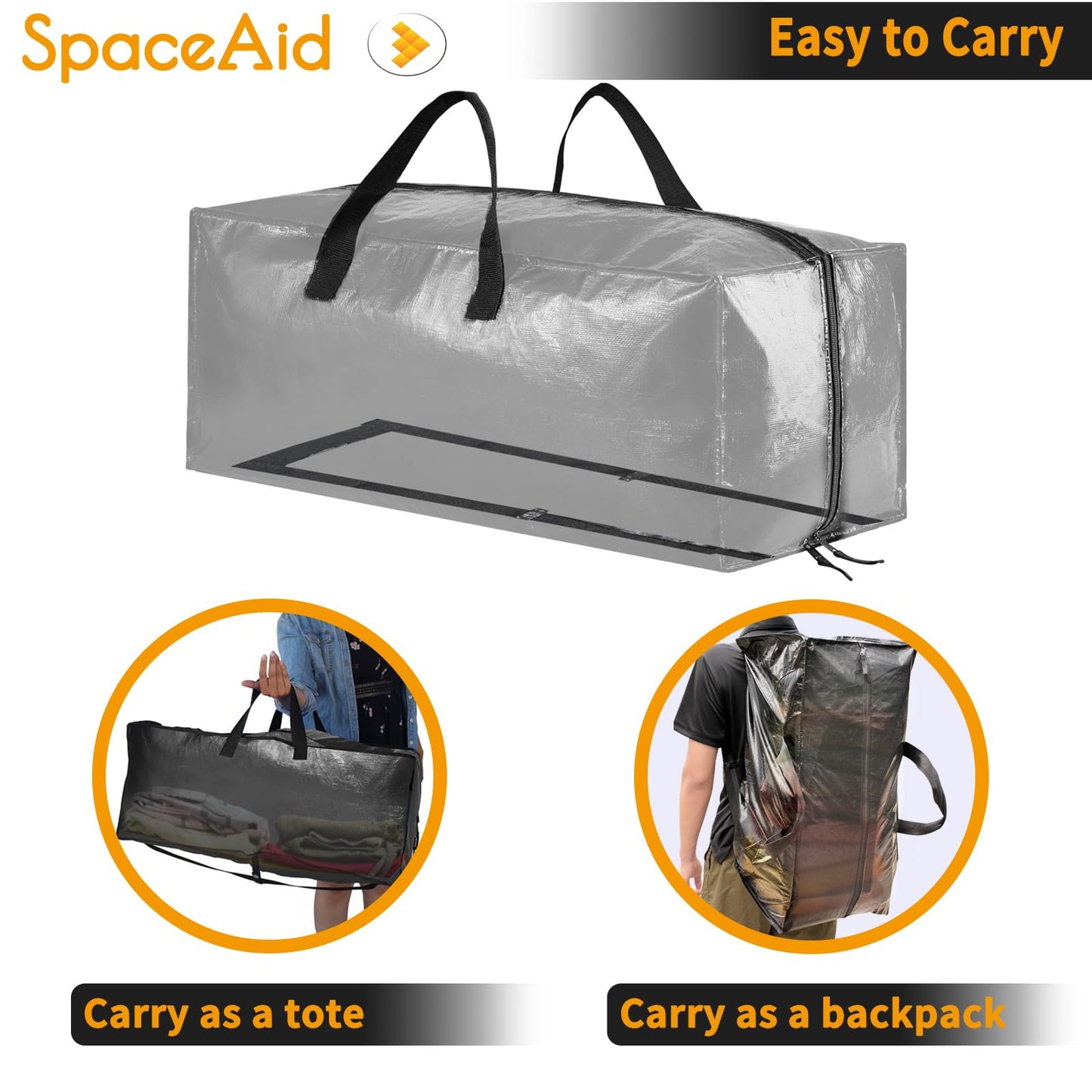 Sacs de déménagement robustes SpaceAid, sacs de rangement extra larges avec sangles de sac à dos, poignées et fermetures à glissière solides, alternative aux cartons de déménagement, fournitures d'emballage et de déménagement, noir (lot de 10) 