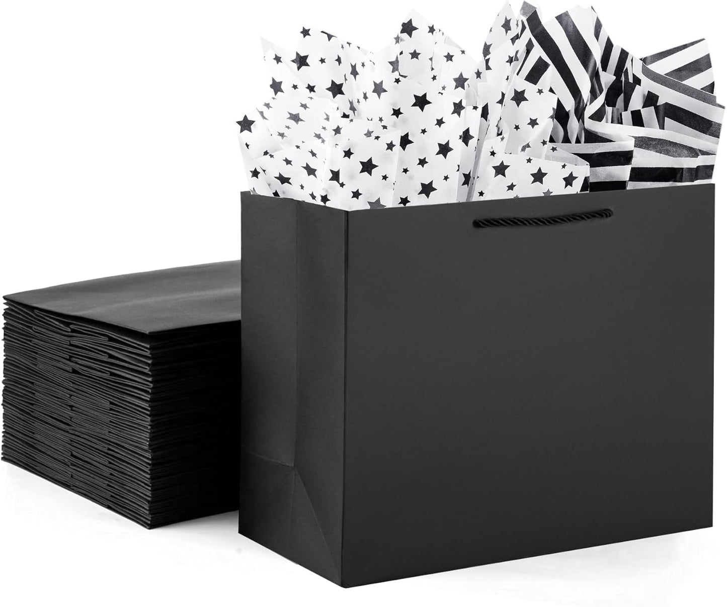 OfficeCastle 4er-Pack große schwarze Geschenktüten, große Geschenktüten mit silbernem Seidenpapier, Geschenktüten für kleine Unternehmen, 14x5x10in/35x13x26 cm, schwarze Papiertüten mit Griffen 