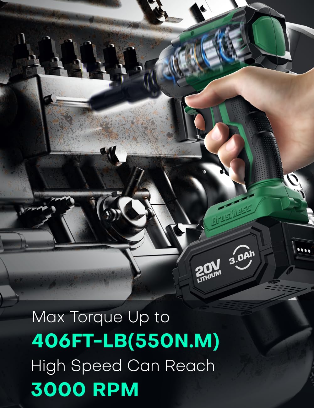 KIMO Impact Wrench 1/2 Cordless,550N.m/406ft-lbs Max Torque & 3000RPM, 2x20V 3.0Ah Battery, Impact Gun with 7 Drive Impact Sockets, 3 Inch Extension Bar, 1 Hour Fast Charger Impact Drill for Car Tires