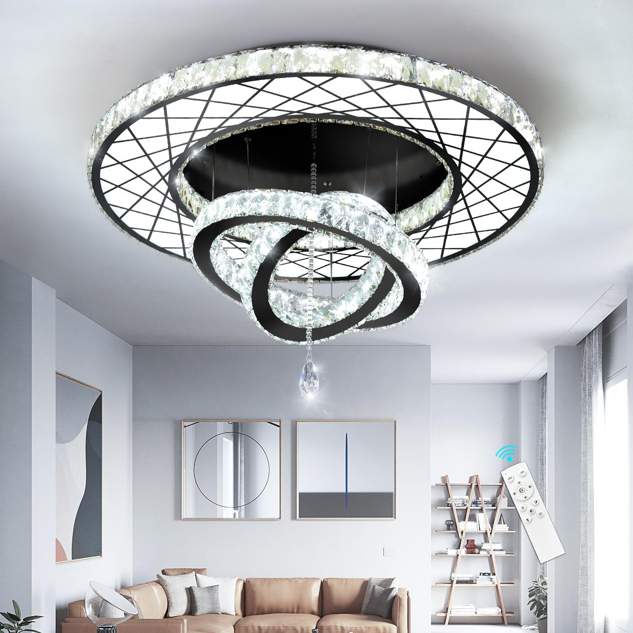 Modern Flush Ceiling Chandelier Bedroom Light Fixtures Crystal Flat Sloping Ceiling Lights for Hallway Kitchen Dining Room Dimmable Light with Remote Gold