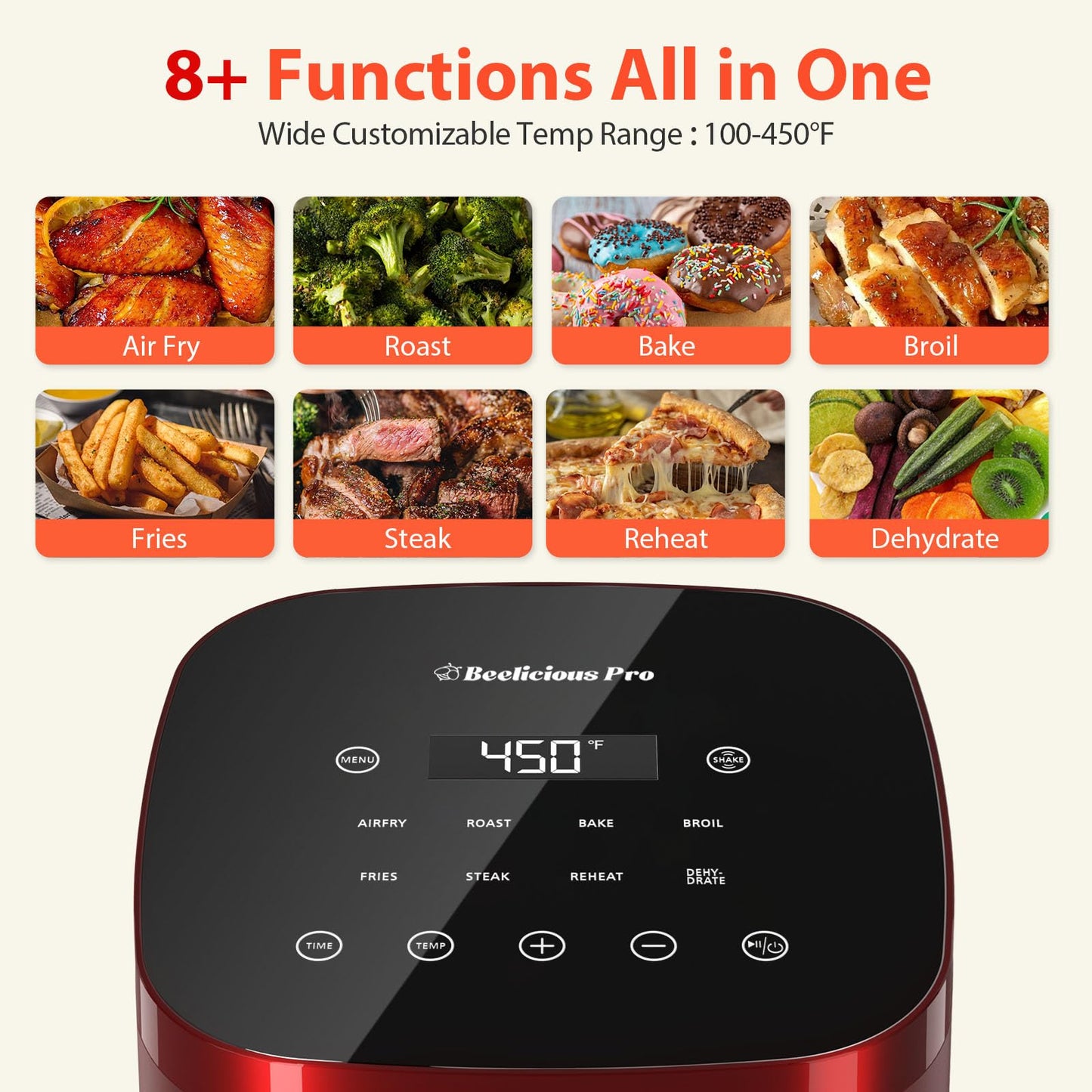 Air Fryer, Beelicious 8-in-1 Smart Compact 4QT Air Fryers, Shake Reminder,450°F Digital Airfryer with Flavor-Lock Tech,Tempered Glass Display, Dishwasher-Safe & Nonstick,Fit for 1-3 People, Red