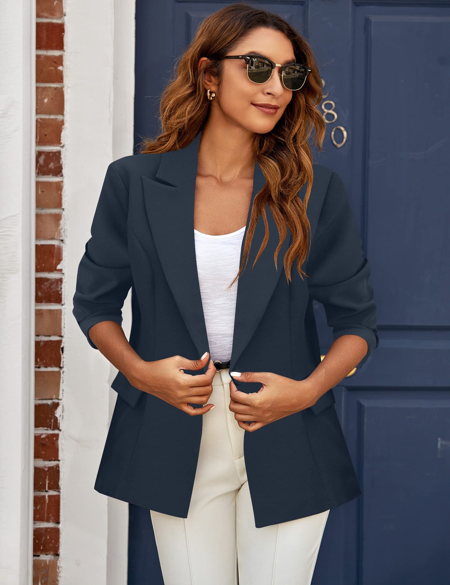 Veste de costume blazer de travail décontractée à poches ouvertes sur le devant pour femme GRAPENT 