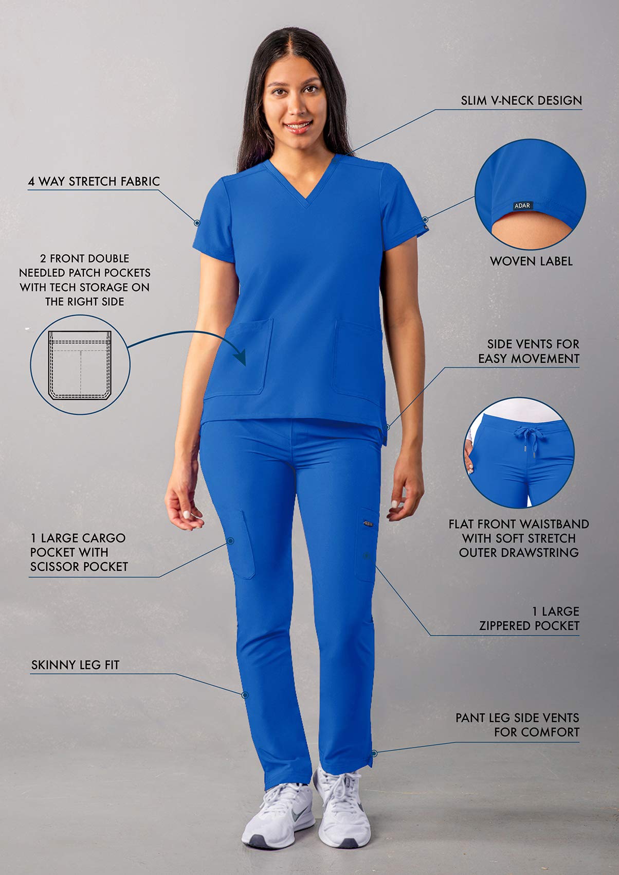 Adar Addition Go-Basic Scrub Set for Women - Slim V-Neck Scrub Top & Skinny Cargo Scrub Pants