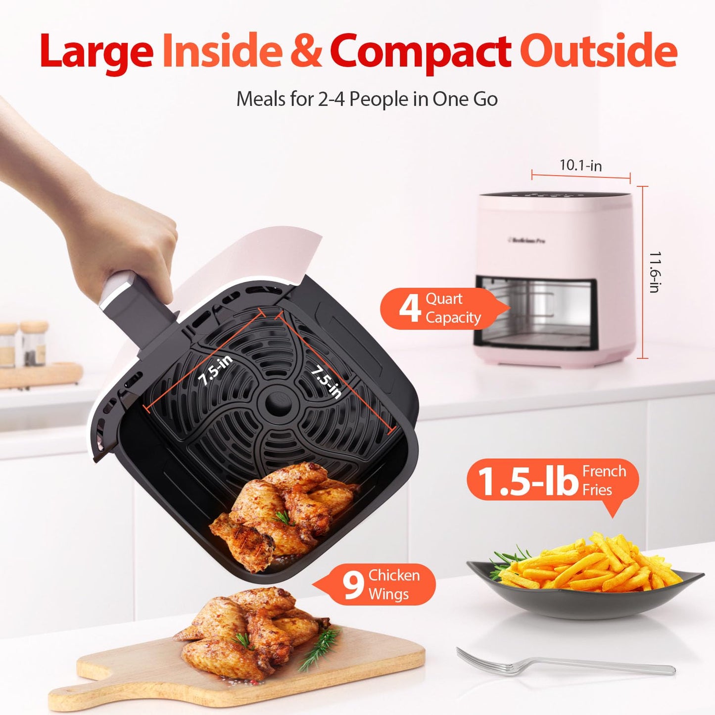 Friteuse à air Beelicious 8 en 1 Smart Compact 4QT, rappel de secousse, friteuse à air numérique 450 °F avec technologie Flavor-Lock, écran en verre trempé, lavable au lave-vaisselle et antiadhésive, convient pour 1 à 3 personnes, rouge 