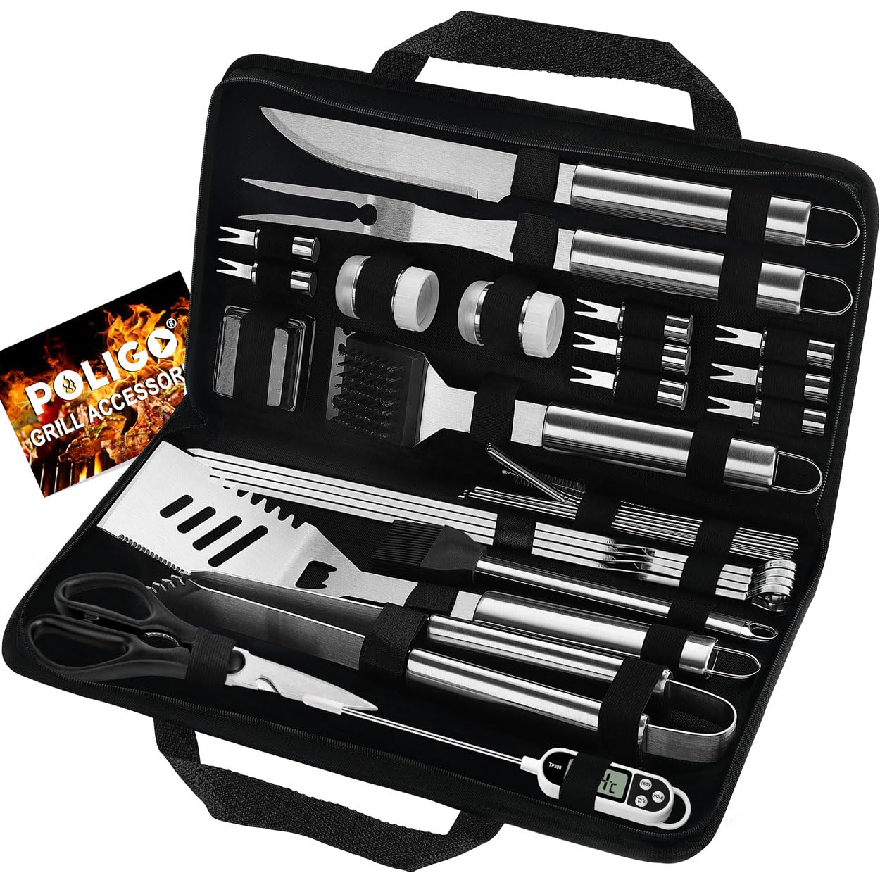 POLIGO 29 PCS BBQ Grill Accessories Stainless Steel BBQ Tools Grilling Tools Set with Storage Bag for Christmas Dads Birthday Presents - Camping Grill Utensils Set Ideal Grilling Gifts for Men Women