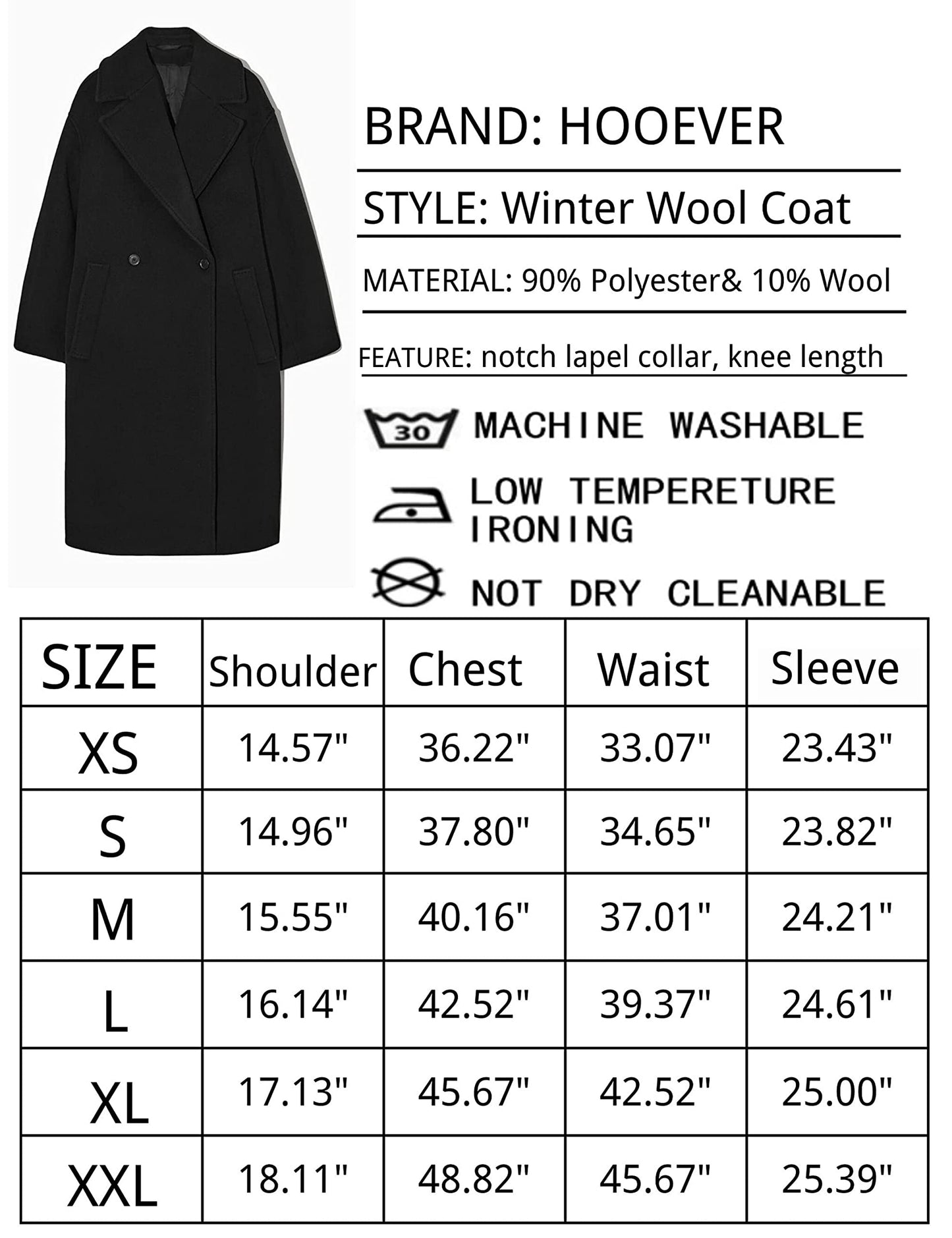 Hooever Women's Winter Wool Coat Casual Notch Lapel Single-Breasted Peacoat