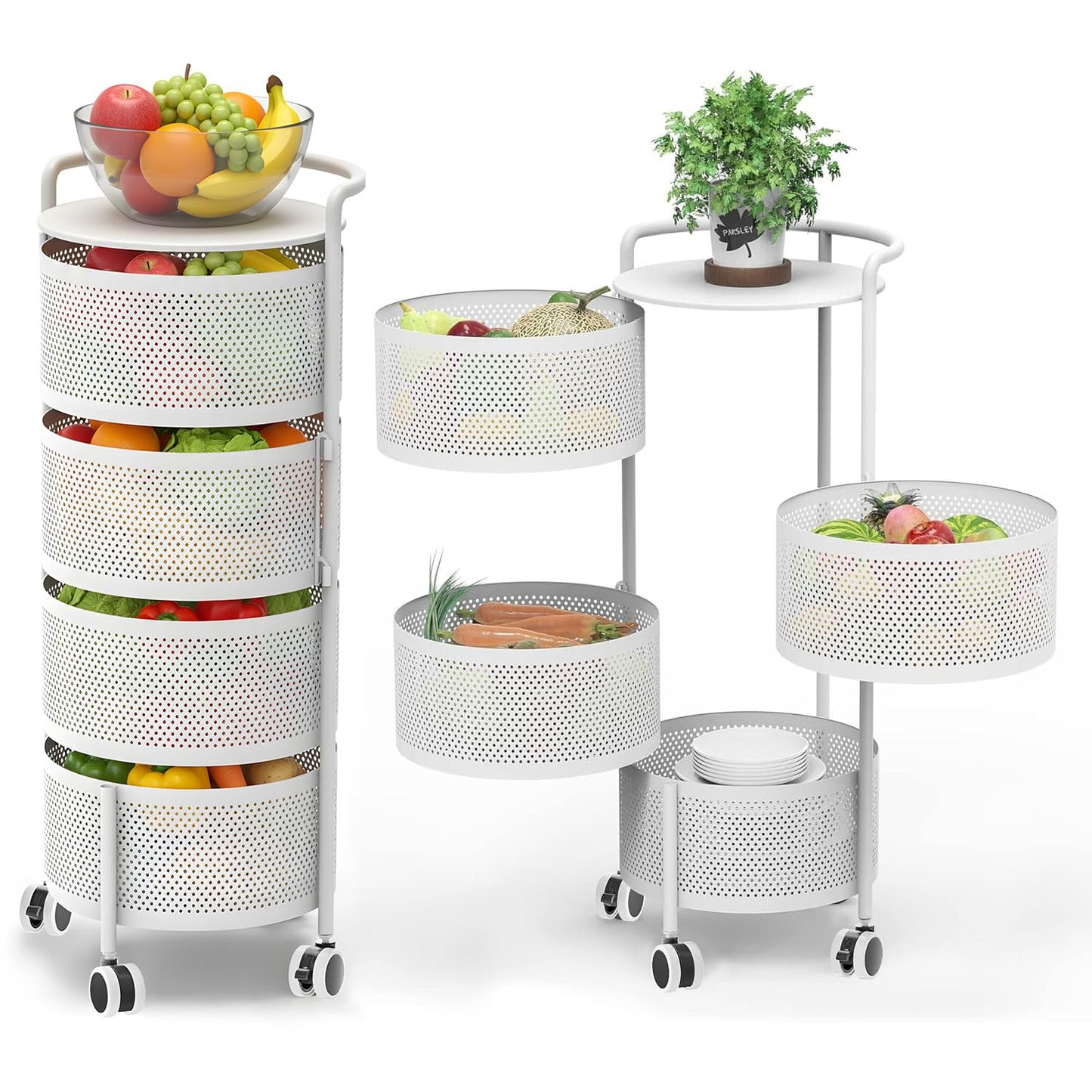 No Assembly Required Vegetable Storage Rack, 4-Tier Rotating Fruit Basket with Wheels, Heavy Duty Carbon Steel Kitchen Storage Cart