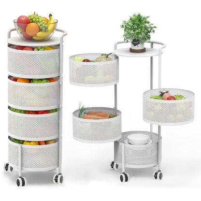No Assembly Required Vegetable Storage Rack, 4-Tier Rotating Fruit Basket with Wheels, Heavy Duty Carbon Steel Kitchen Storage Cart