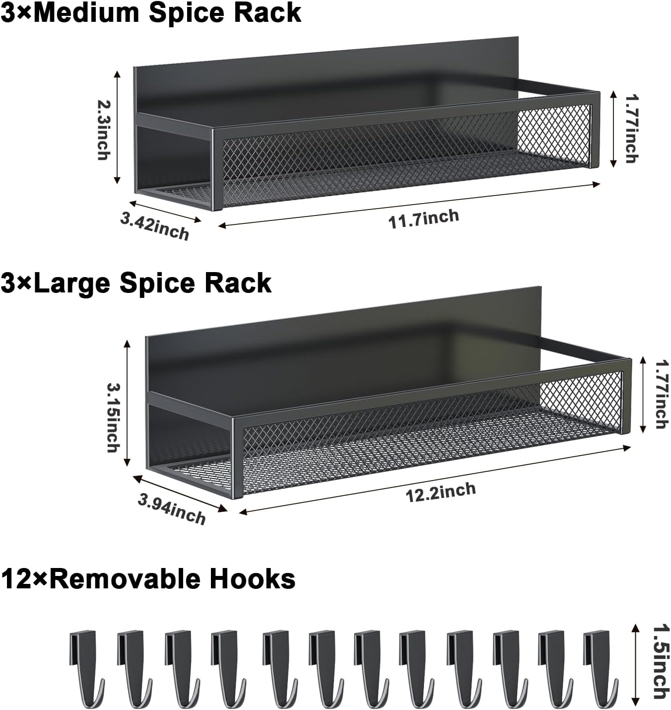 Magnetic Spice Rack for Refrigerator, 6-Pack Fridge Shelf Organizer with Hooks