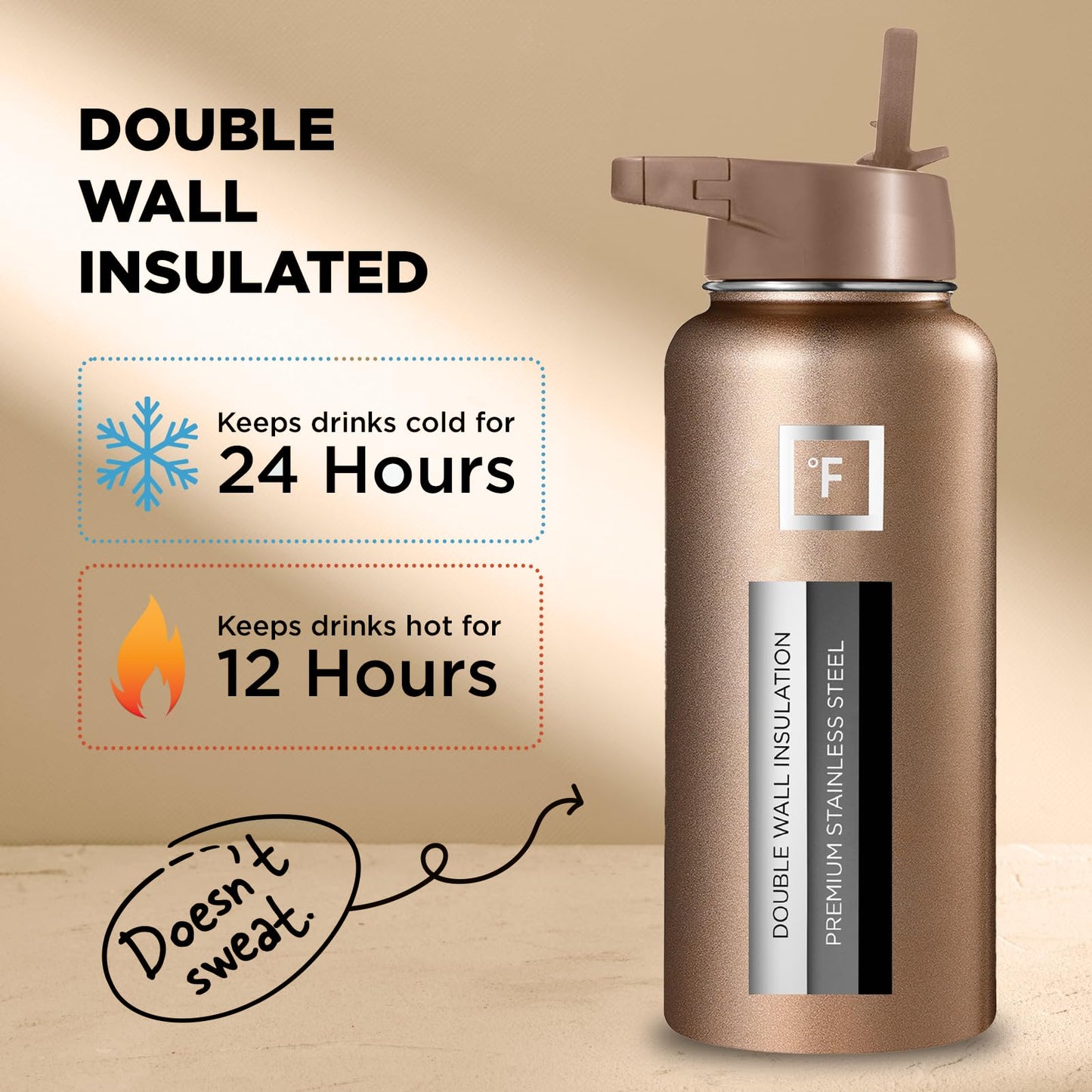 Bouteille d'hydratation de camping et de randonnée IRON °FLASK avec 3 couvercles - Bouteille d'eau en acier inoxydable, à double paroi et isolée sous vide - Anti-fuite et sans BPA (Dark Night, Straw - 32 oz) 