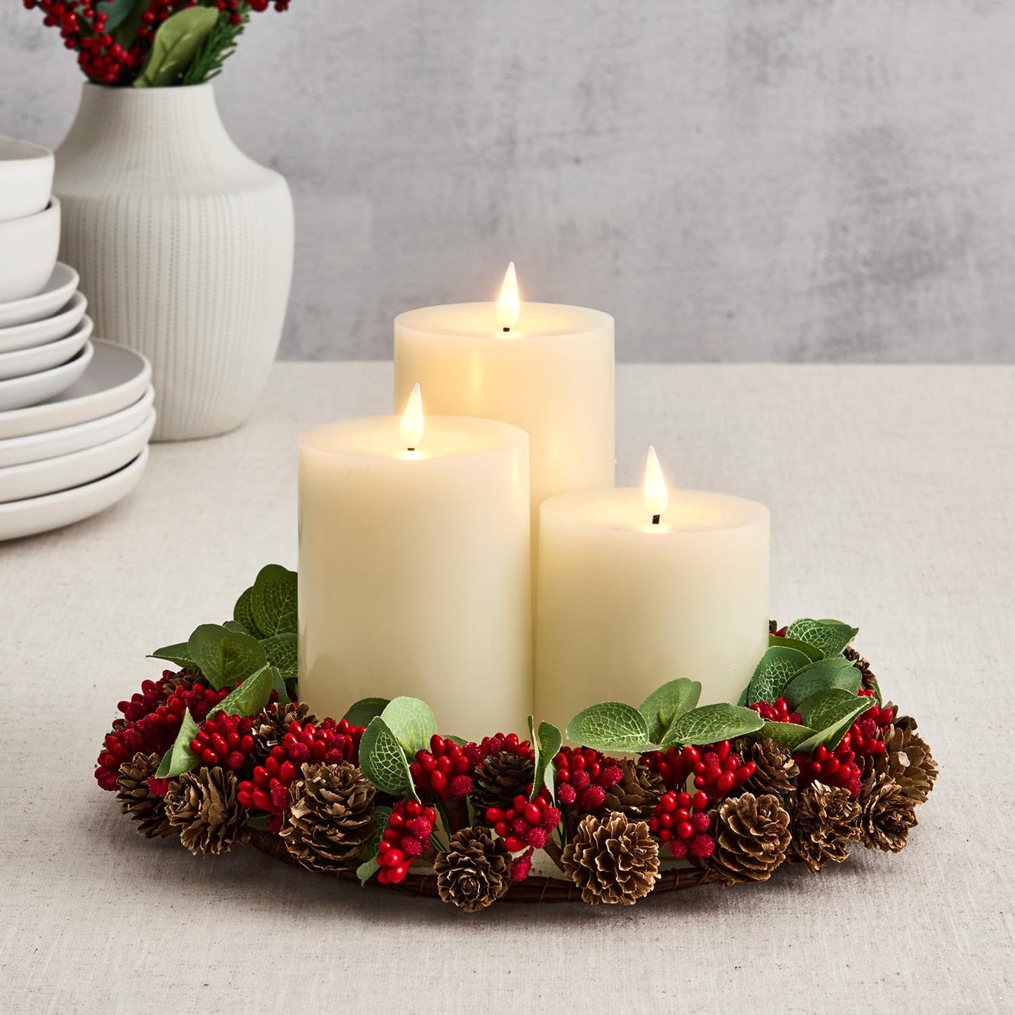 LampLust Christmas Candle Rings Wreaths, Set of 3, Mini Wreath with Mini Pine Cones & Red Berries, Fits 3 Inch Pillar Candles, Candle Rings for Pillars, Christmas Table Decor, Holiday Decorations