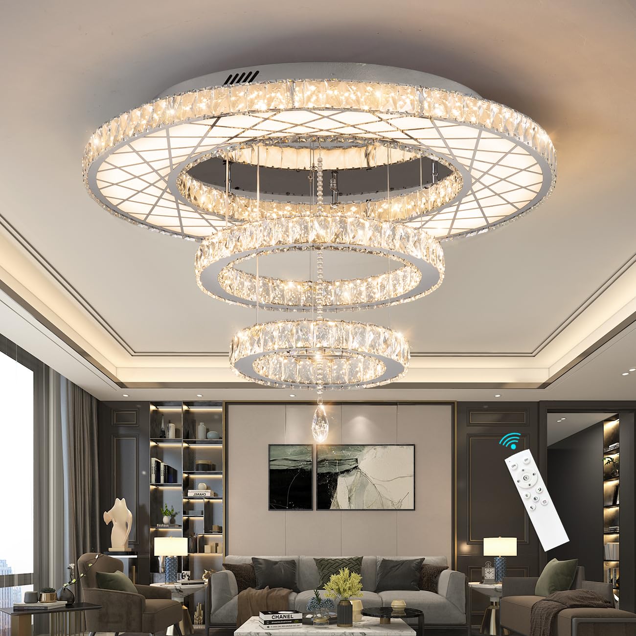 Modern Flush Ceiling Chandelier Bedroom Light Fixtures Crystal Flat Sloping Ceiling Lights for Hallway Kitchen Dining Room Dimmable Light with Remote Gold