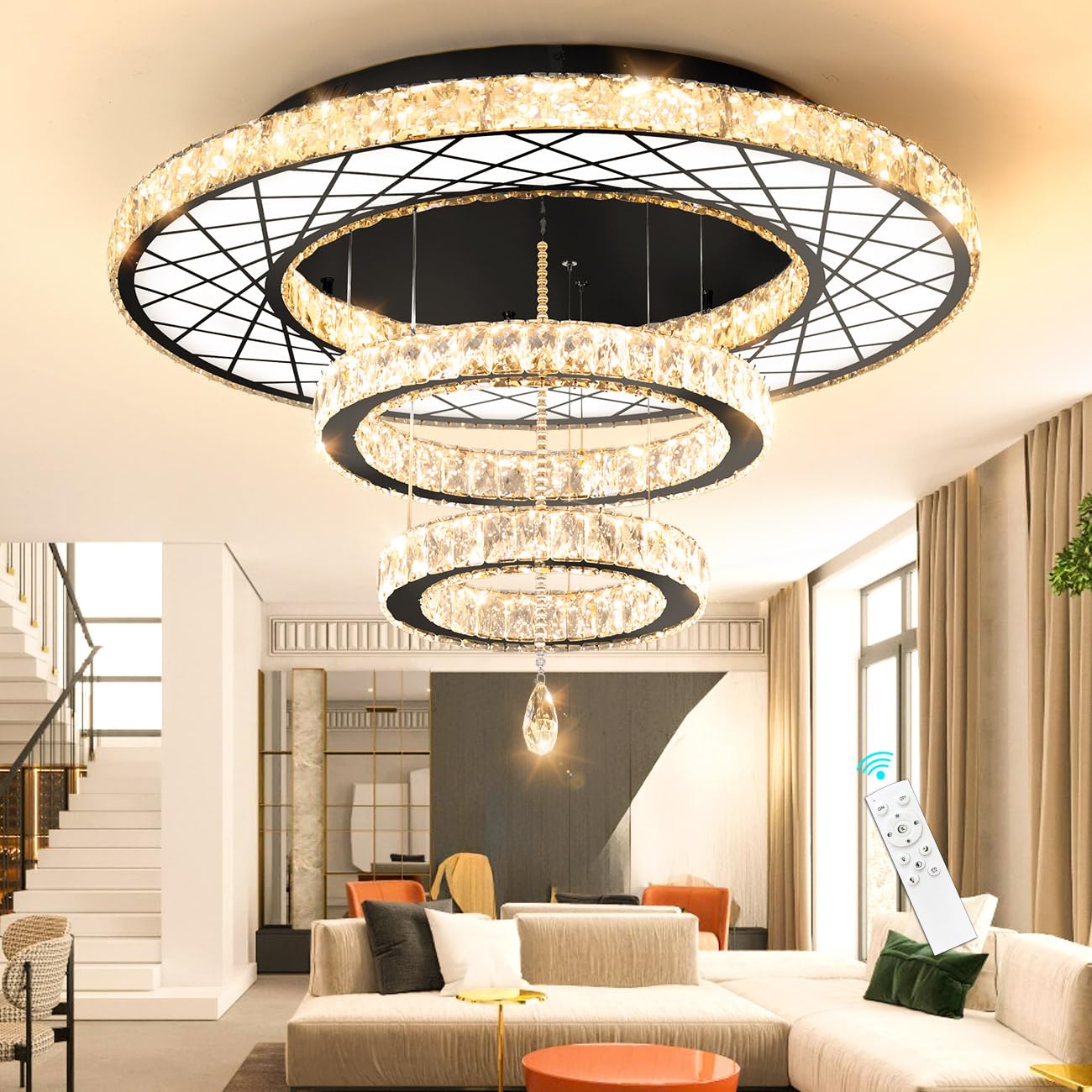 Modern Flush Ceiling Chandelier Bedroom Light Fixtures Crystal Flat Sloping Ceiling Lights for Hallway Kitchen Dining Room Dimmable Light with Remote Gold