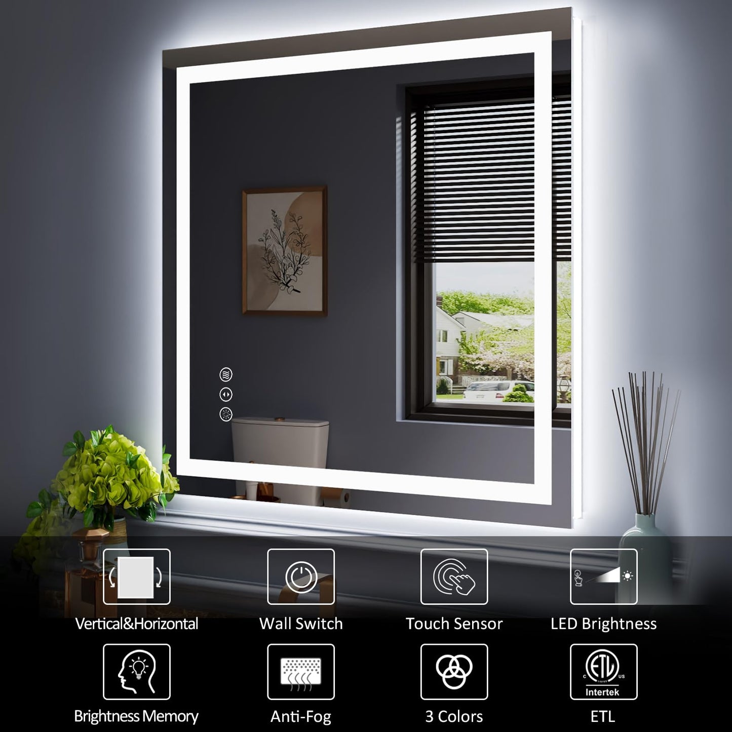 Amorho 20"x 28" LED Bathroom Mirror with Black Frame, Front Light and Backlit(Controlled Separately), Stepless Dimmable, Anti-Fog, Shatter-Proof, 3 Colors, Memory