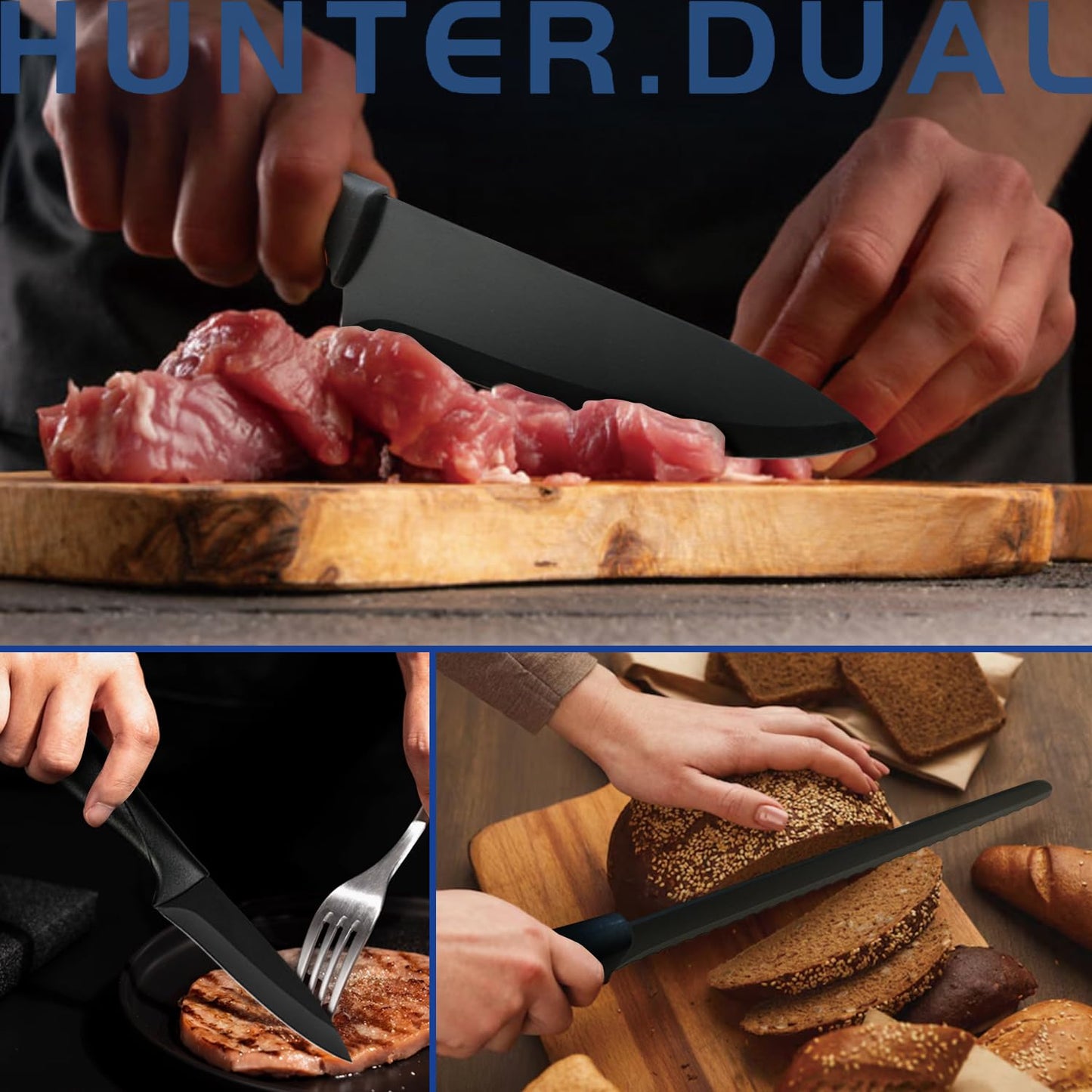 Knife Set, HUNTER.DUAL 8-Piece Kitchen Knife Set for Chef, Sharp Knife Set with Universal Knife Block, Anti-Rust Kitchen Knife Block Set, Ergonomical Design (Black)