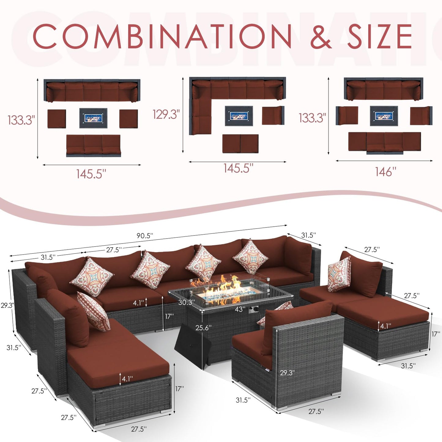 Ensemble de canapé de patio de luxe 13 pièces NICESOUL® avec table de foyer au gaz naturel/propane, ensemble de conversation d'extérieur à dossier haut de 29,3 po, canapé sectionnel extérieur en rotin PE, gris foncé 