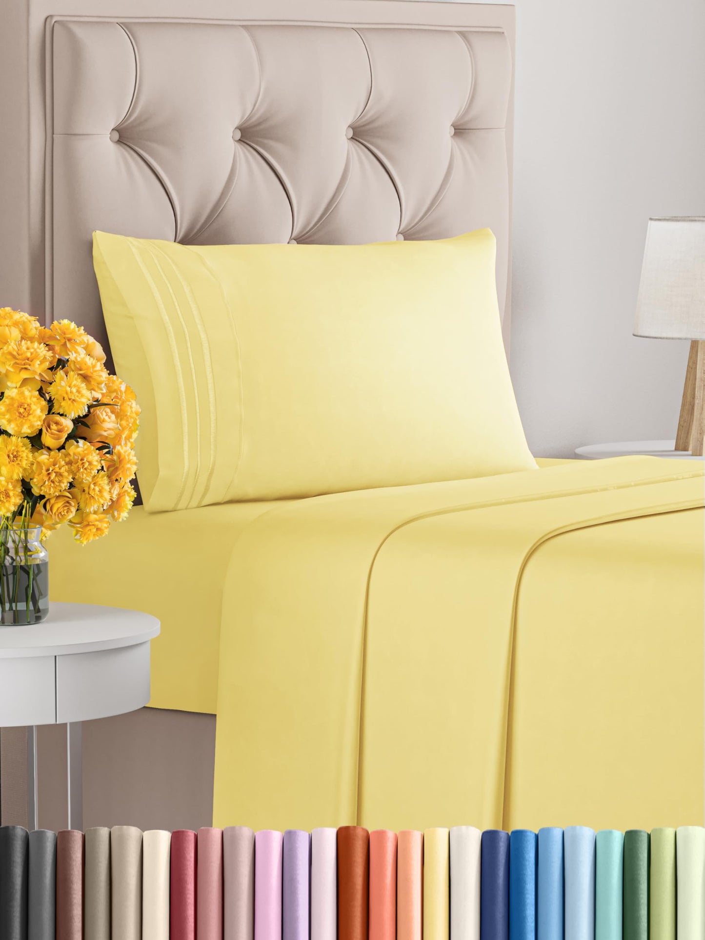 Queen Size 4 Piece Sheet Set - Comfy Breathable & Cooling Sheets - Hotel Luxury Bed Sheets for Women & Men - Deep Pockets, Easy-Fit, Extra Soft & Wrinkle Free Sheets - Yellow Oeko-Tex Bed Sheet Set