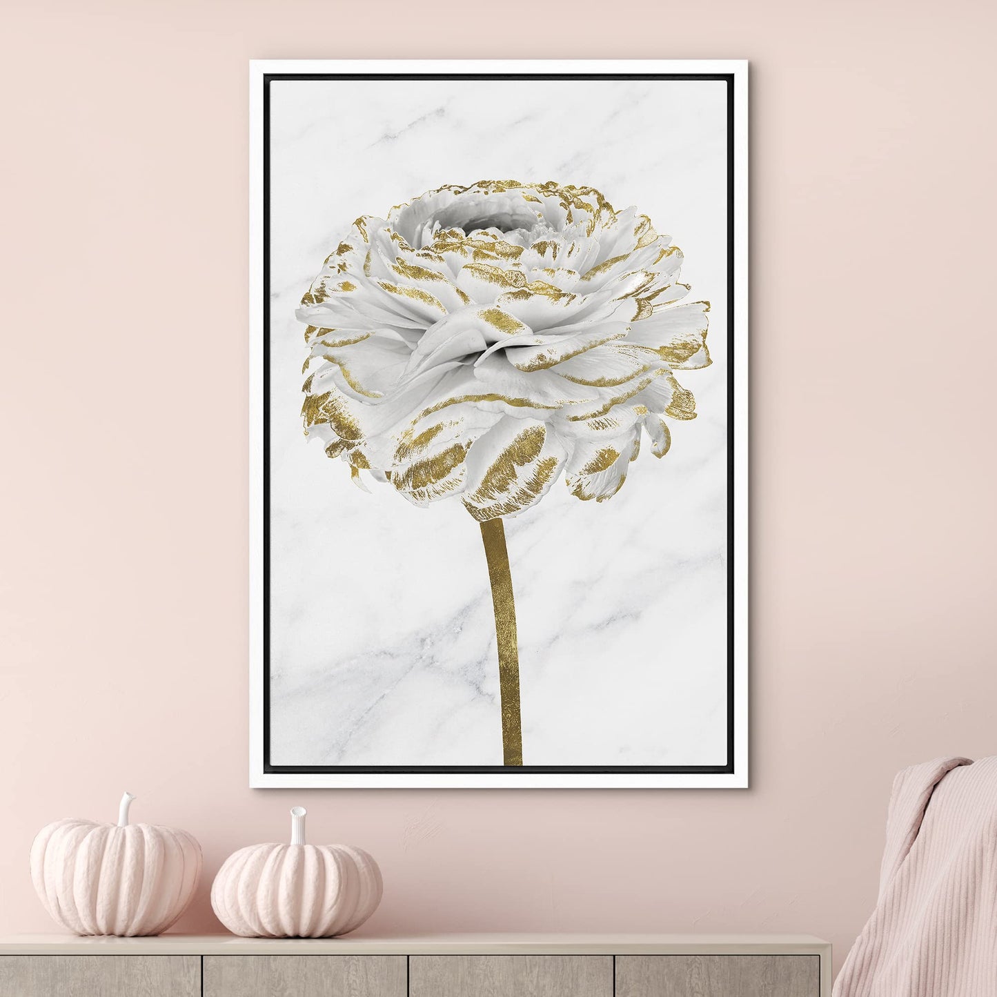 Canvas Print Wall Art White Gold Close Up Garden Carnation Flower Plant Nature Wilderness Illustrations Modern Art Farmhouse/Country Rustic Relax/Calm for Living Room, Bedroom, Office - 16"x24"