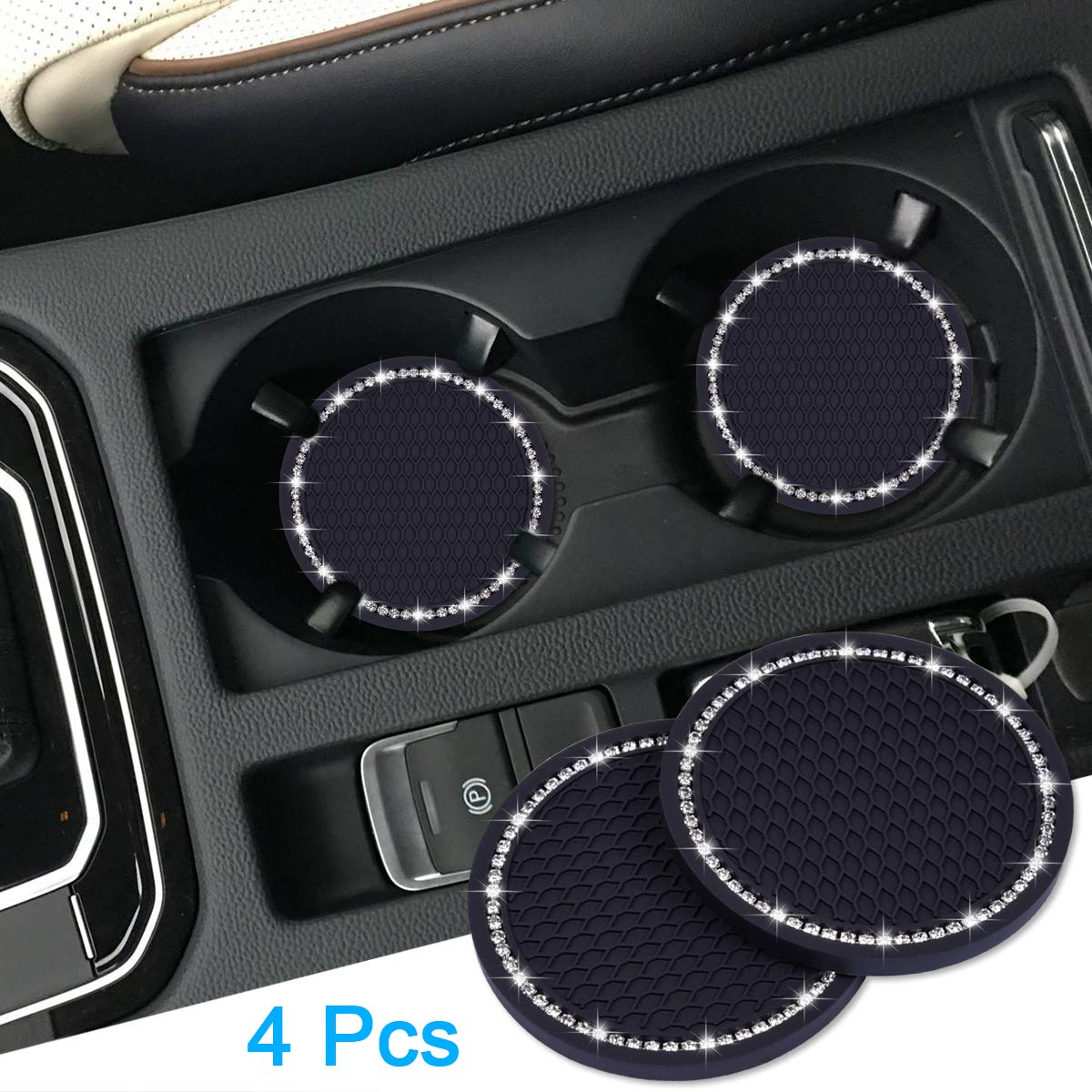 Bling Car Coasters, Wisdompro 4 Pack PVC Car Cup Holder Insert Coaster - Anti Slip Universal Vehicle Interior Accessories Crystal Glitter Cup Mats for Women and Men(2.75" Diameter, Black)